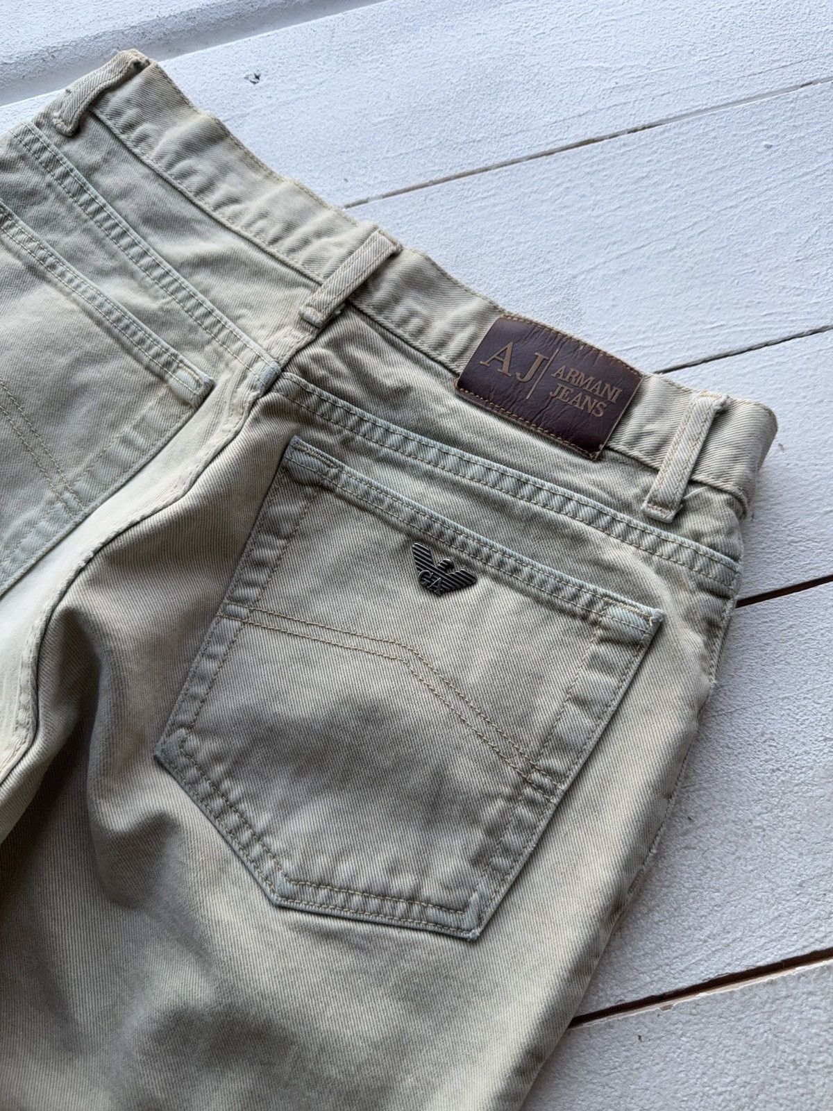 Armani Vintage 90s Distressed Armani Jeans Beige Straight Fit Pant Size US 33 - 18 Thumbnail