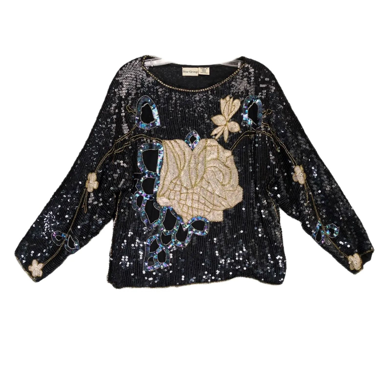 Vintage Star Group Sz M 100% Silk Black Sequin Beaded Gold Rose Top Size M / US 6-8 / IT 42-44 - 1 Thumbnail