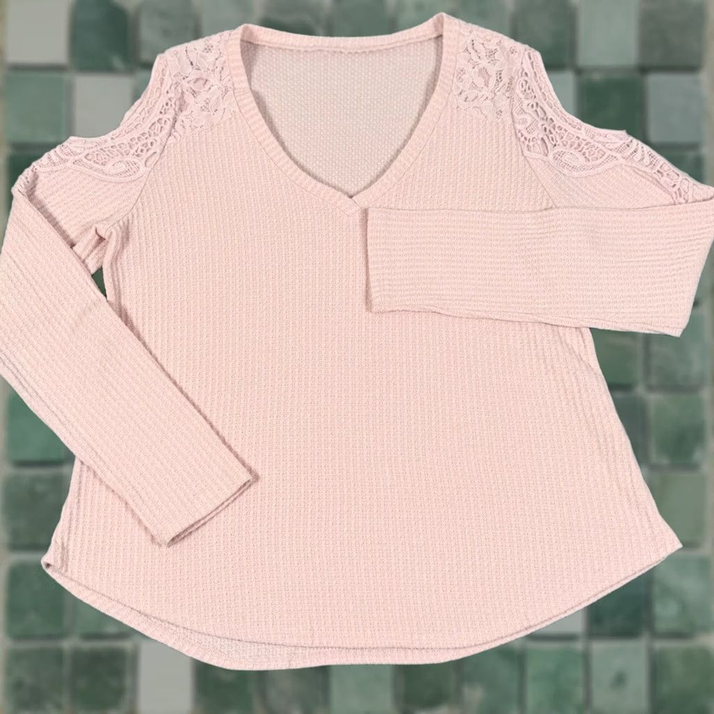 Pinko Womens Floral Lace Cold Shoulder Waffle Knit V Neck Long Sleeve Pale Pink Top Size M / US 6-8 / IT 42-44 - 1 Thumbnail