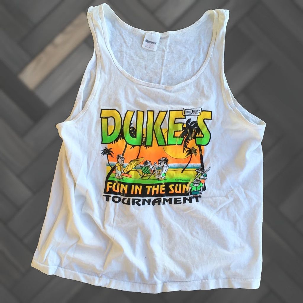 Vintage VINTAGE Murina DUKES FUN IN THE SUN TOURNAMENT TANK TOP USSSA STATE 1989 CHAMPS Neon L Size US L / EU 52-54 / 3 - 1 Thumbnail