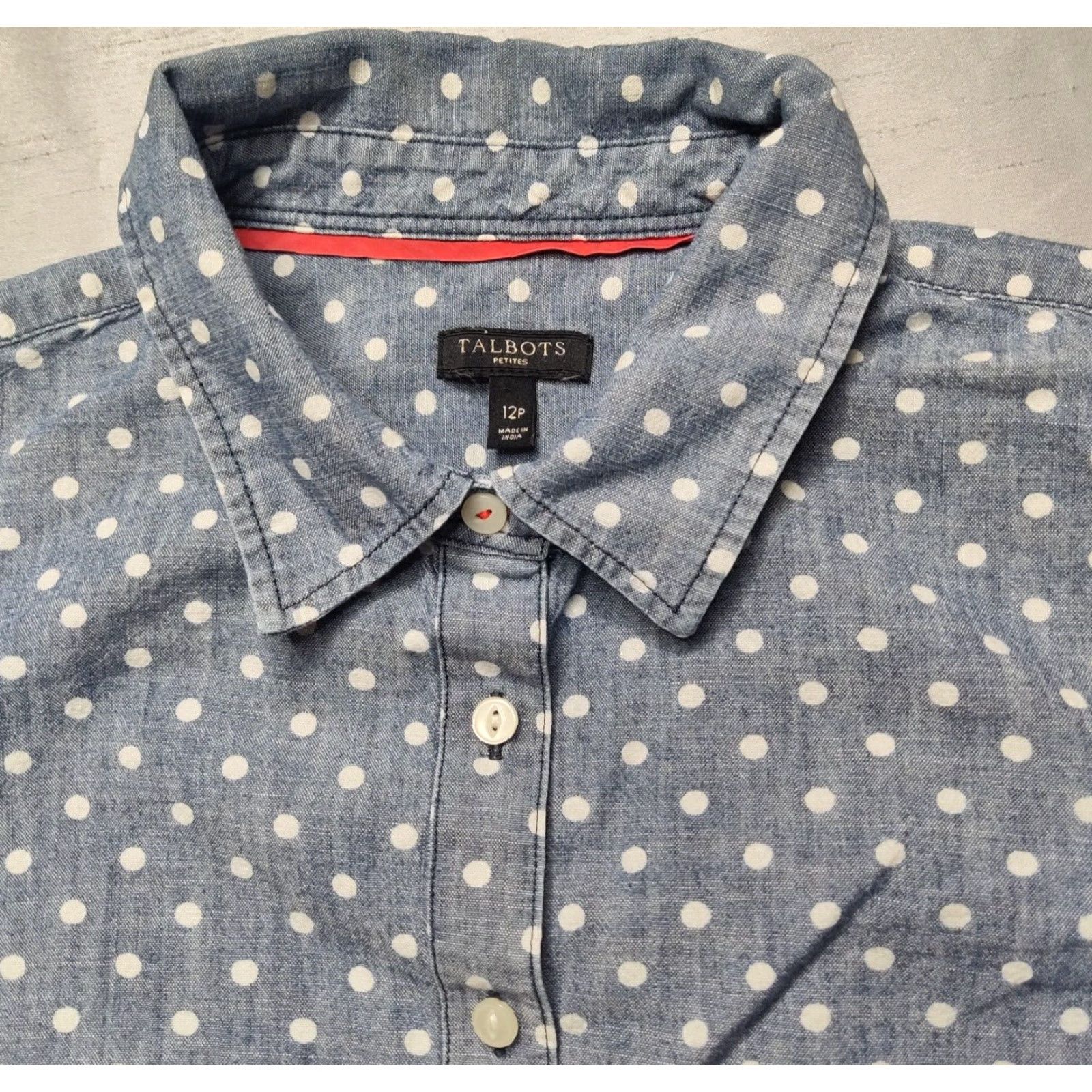 Talbots TALBOTS Women Petites 12P Blue Polka Dot Denim Button-Up Shirt Size XL / US 12-14 / IT 48-50 - 3 Thumbnail