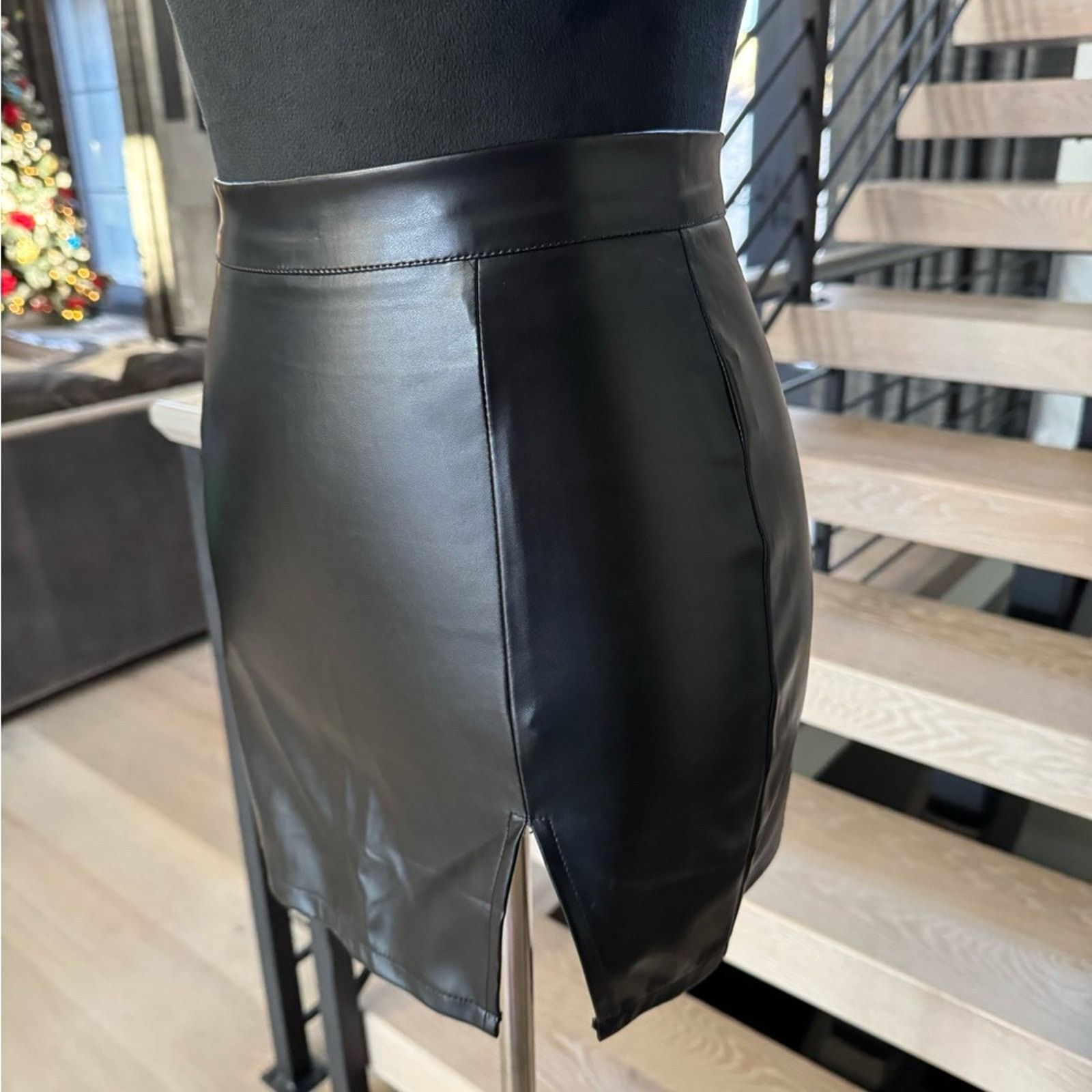 Other New High Waist Split Hem Black Faux Leather Mini Skirt XS Size 25" / US 0 / IT 36 - 6 Thumbnail