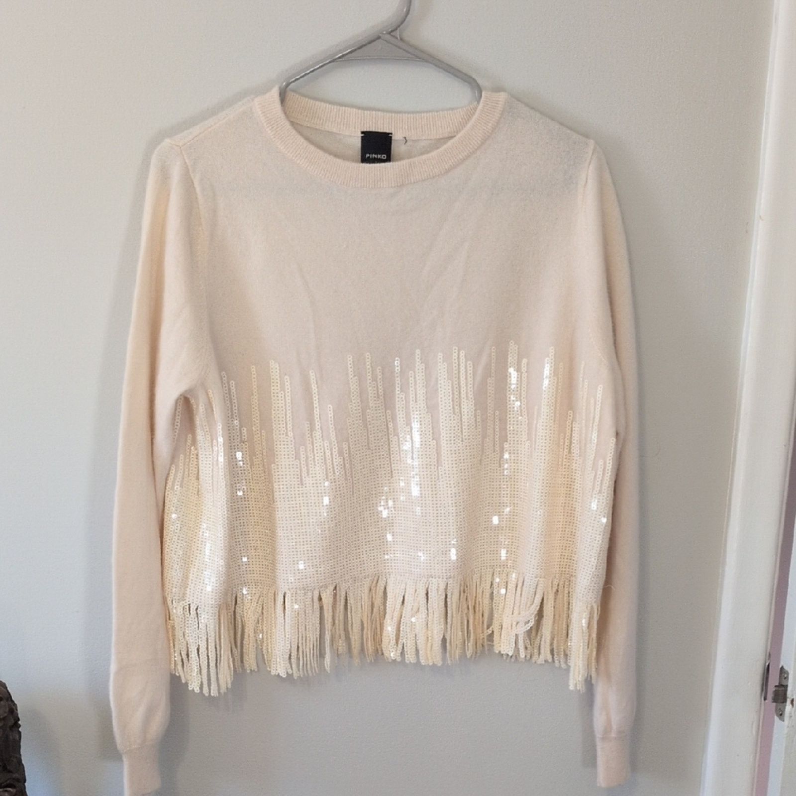 Pinko Pinko Cream Wool Cashmere Sweater Fringe Sequins Medium Size M / US 6-8 / IT 42-44 - 2 Thumbnail