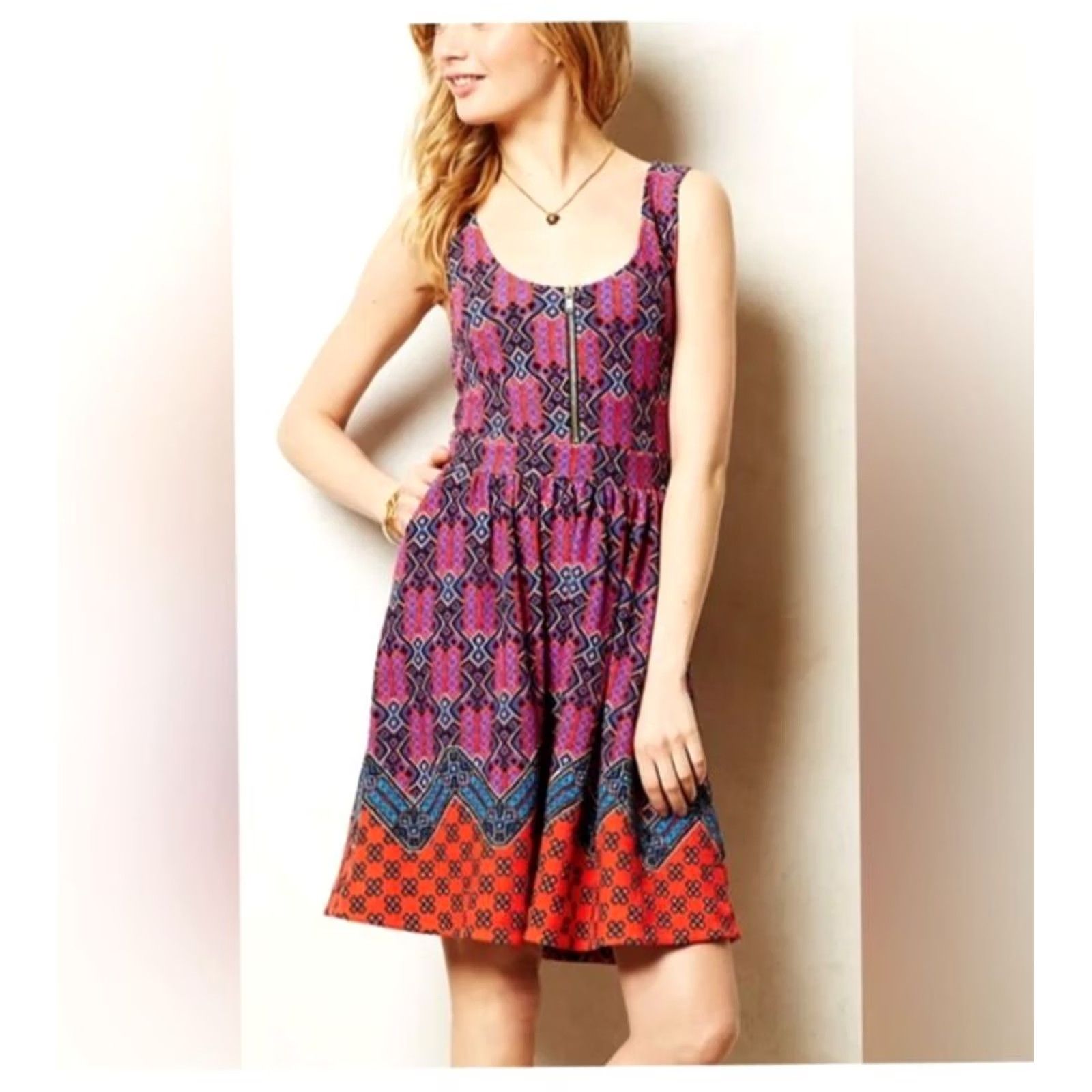 Anthropologie Maeve Anthropologie Womens 0P Sleeveless Fit Flare Dress Pink Blue Geometric Zip Dress Size XS / US 0-2 / IT 36-38 - 2 Thumbnail