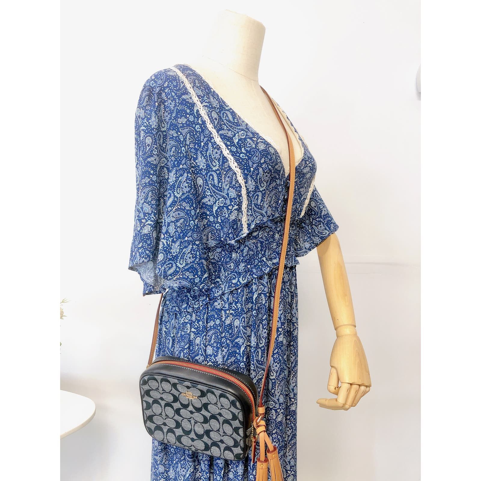 image of Coach C8666 Mini Camera Bag In Sig Chambray In Gold/denim in Blue, Women's