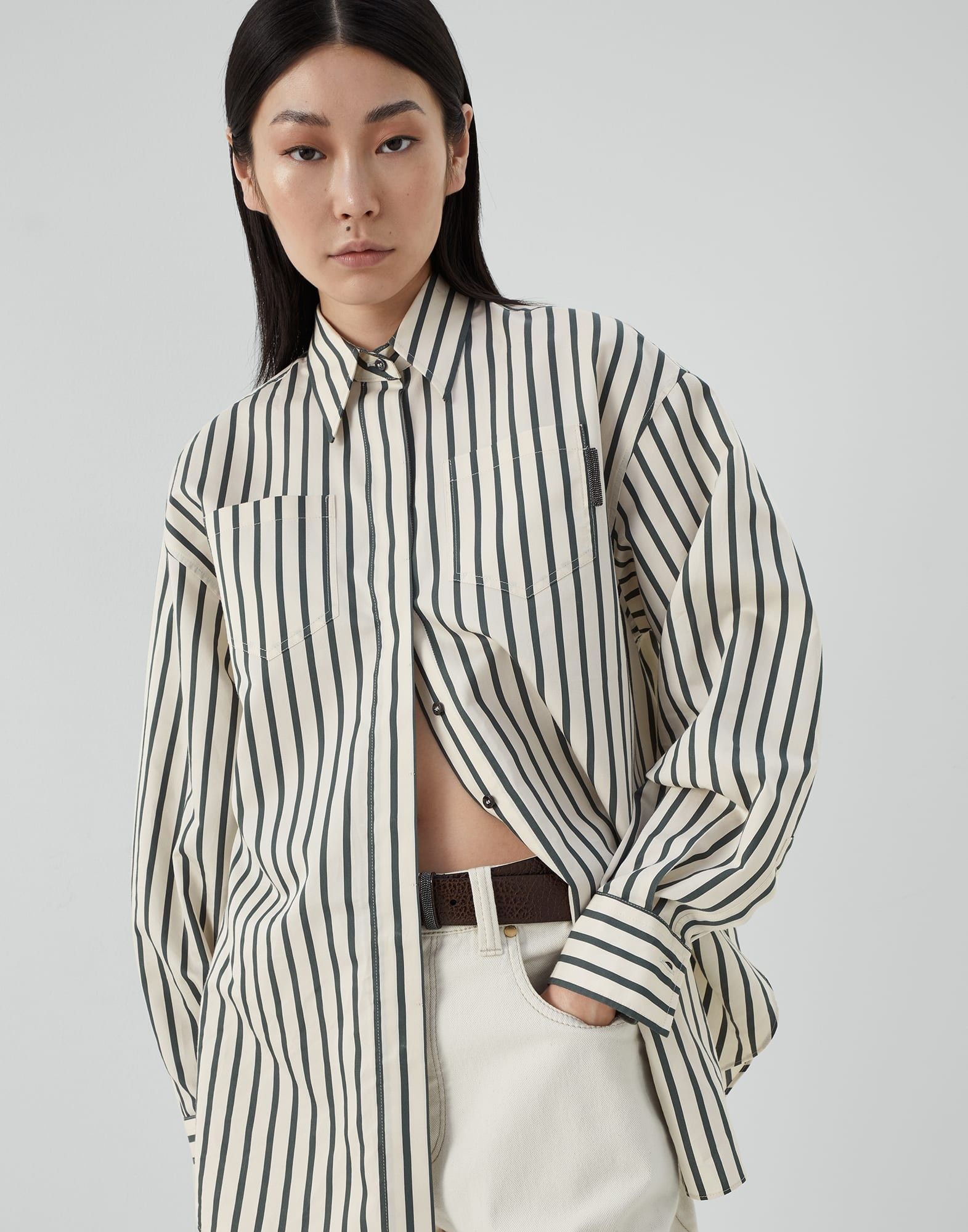 Brunello Cucinelli o1y0725 Striped Shirt in Ivory/Black Size XXS / US 00 / IT 34 - 3 Thumbnail