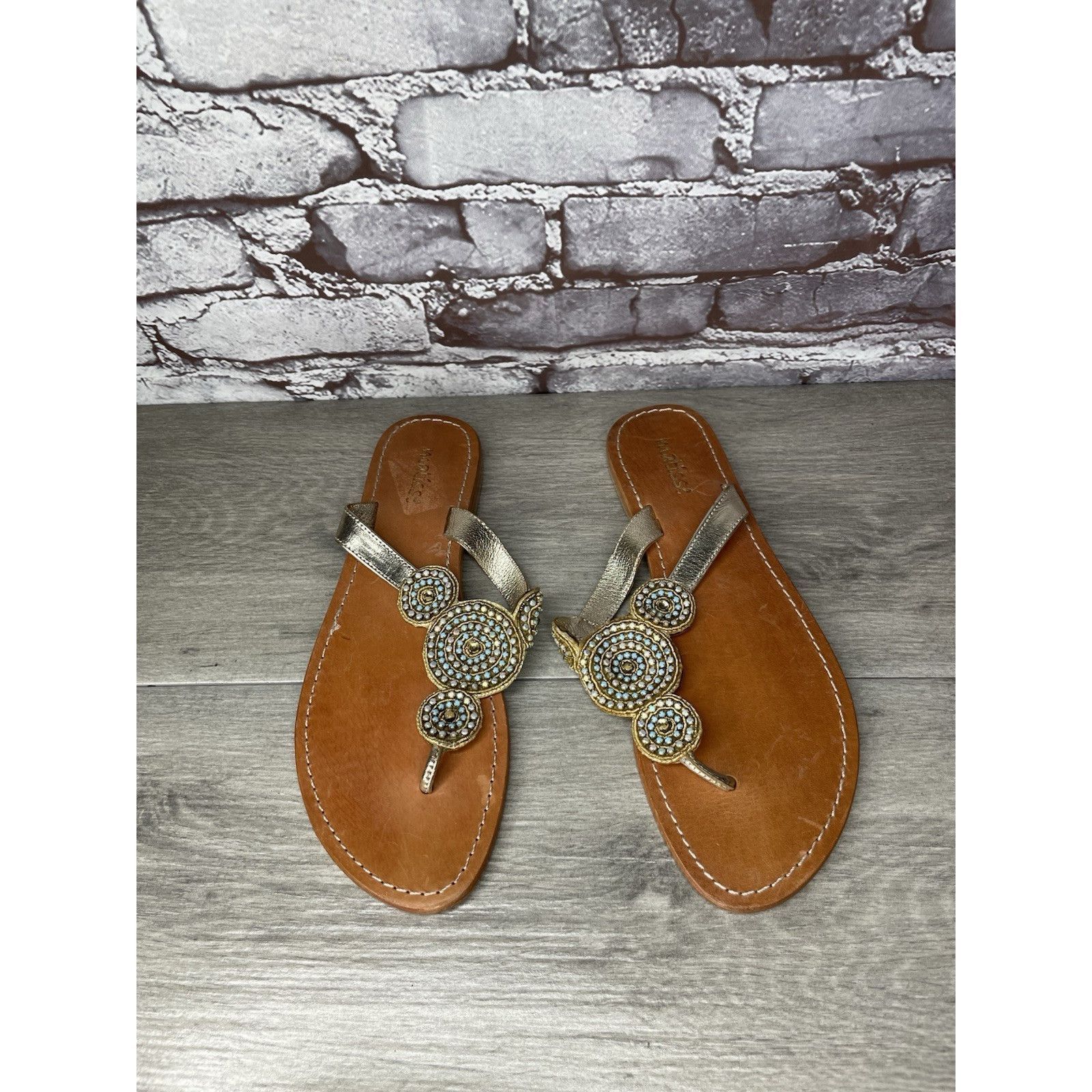 Matiere Studio Matisse Silver Leather Beaded Embellished Flat Thong Sandals Size US 11 / IT 41 - 10 Thumbnail