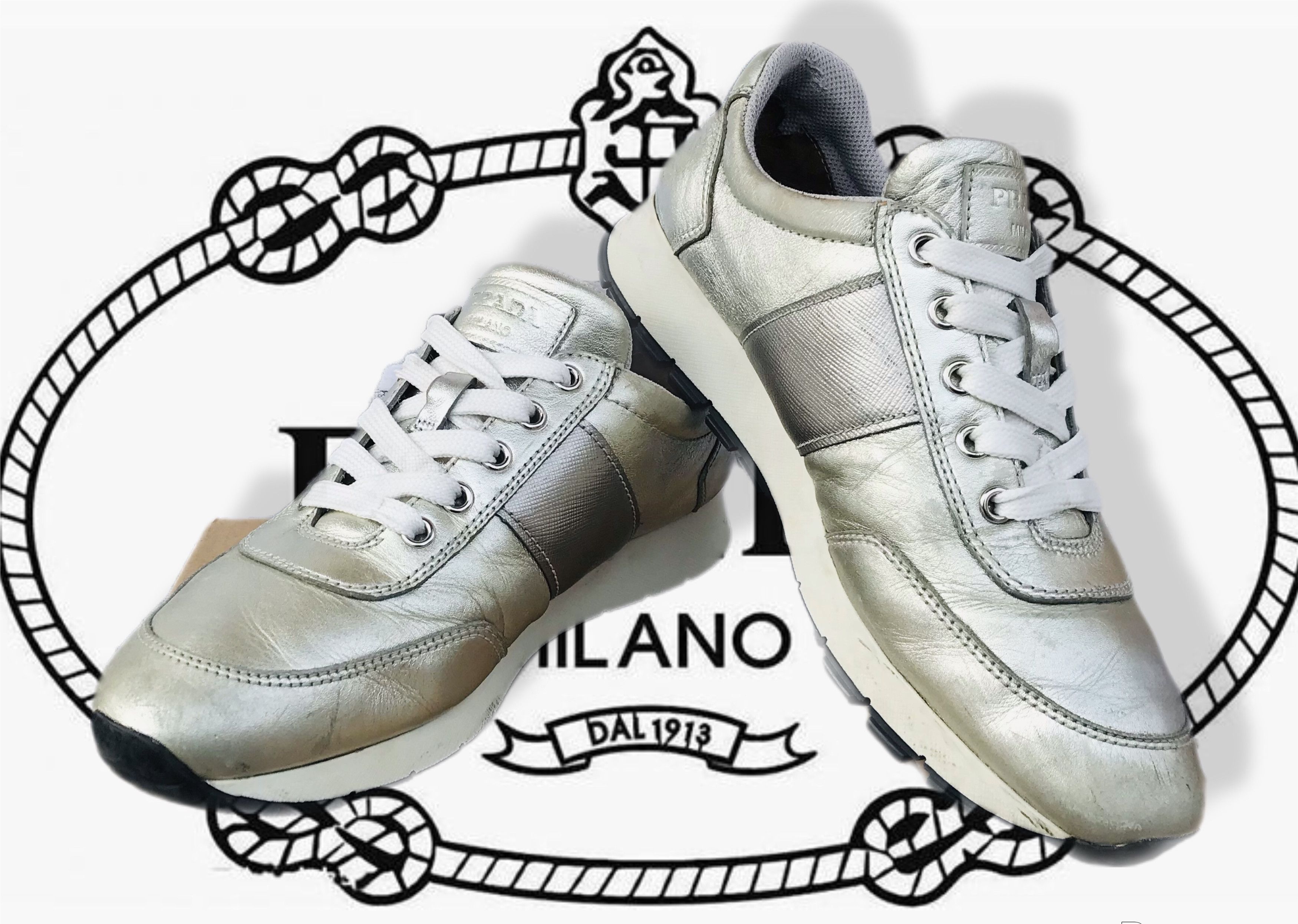 Prada Prada Milano Leather Lace-Up Sneakers Silver Women's Nappa Size US 7 / IT 37 - 7 Thumbnail