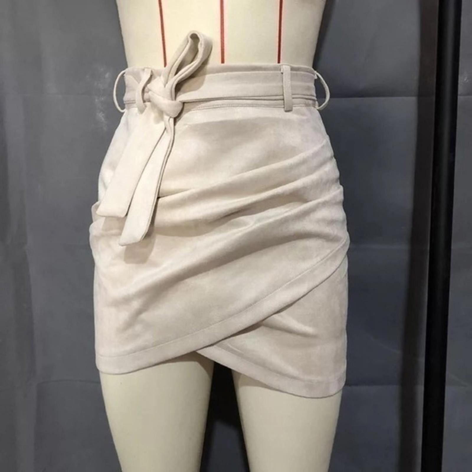 Designer Cream Faux Suede Tulip A-Line Mini Skirt Wrap NWT Size 32" / US 10 / IT 46 - 2 Thumbnail