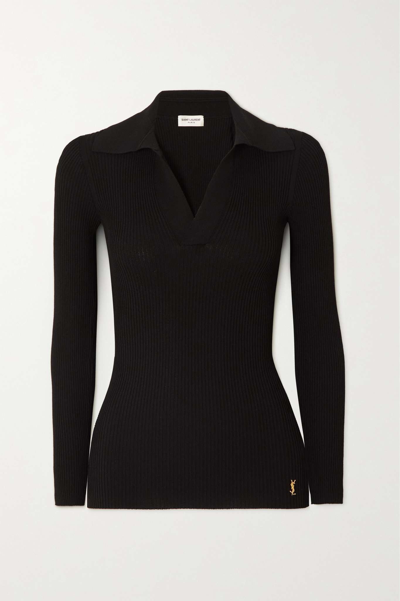 Saint Laurent Paris o1tr1nto0325 705400 Embellished Ribbed-Knit Polo Sweater Size M / US 6-8 / IT 42-44 - 1 Thumbnail