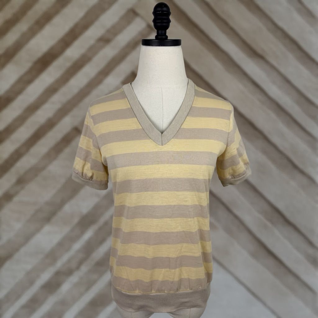 Sears VINTAGE Sears T-Shirt Ringer Womens Small 70s Beige Butter Yellow Striped V-Neck Cotton Blend Knit Size S / US 4 / IT 40 - 1 Thumbnail