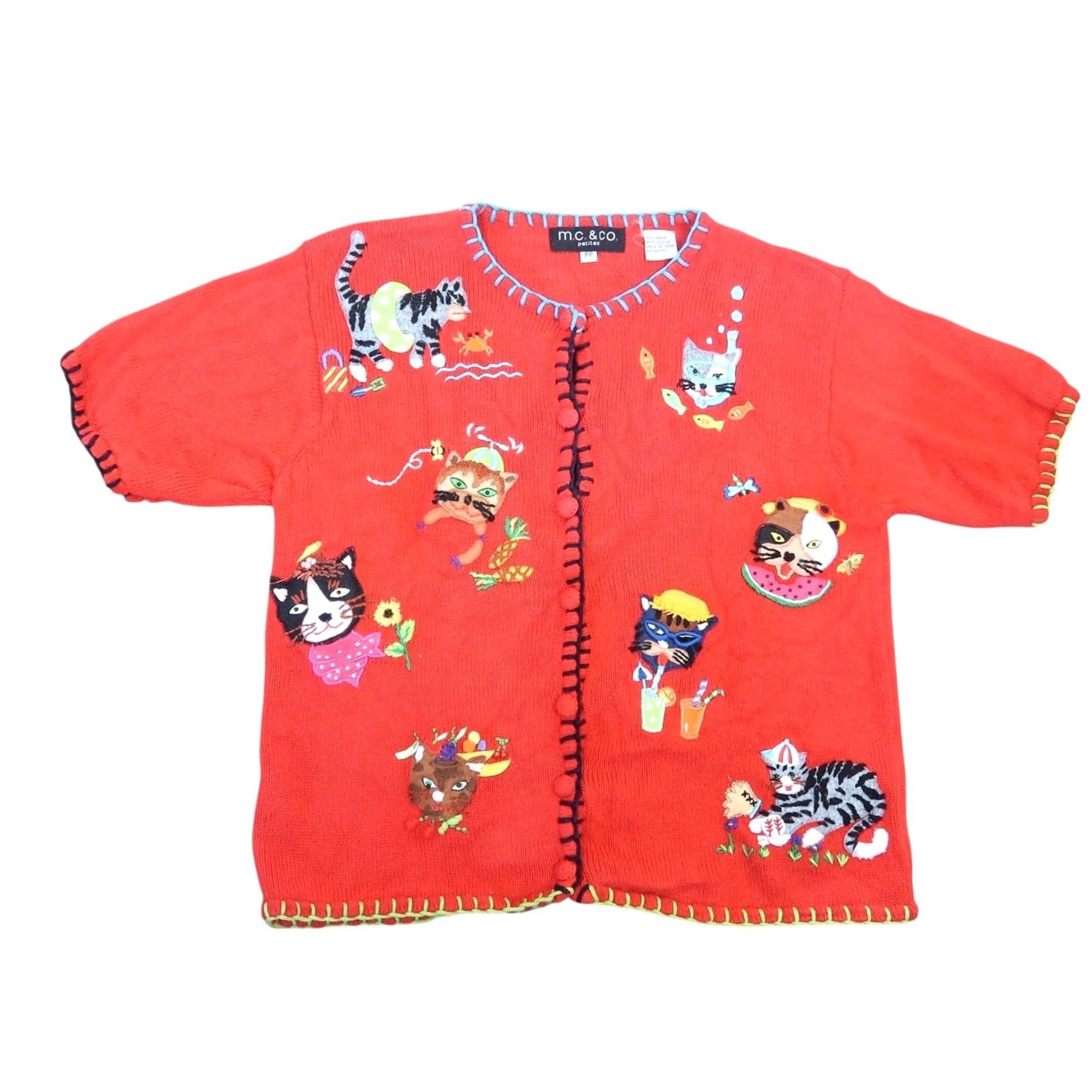 CO VINTAGE 90s M.C. & Co Red Cat Embroidered Cardigan Sweater S Womens Short Sleeve Knit Cotton Ramie Beaded Casual Spring Summer 90s Cats motif Size S / US 4 / IT 40 - 5 Thumbnail