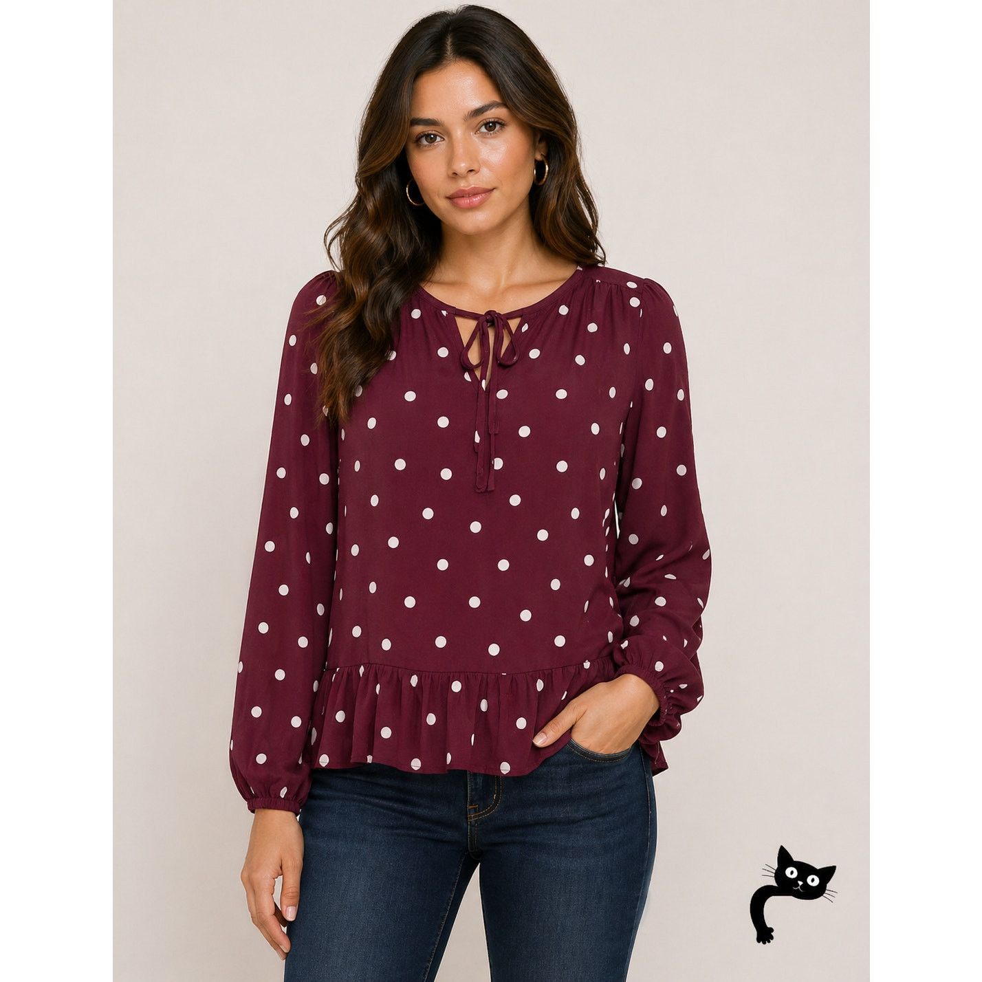Loft Loft Burgundy Pink Polka Dot Tie Ruffle Hem Long Sleeve Top Size XXS / US 00 / IT 34 - 3 Thumbnail