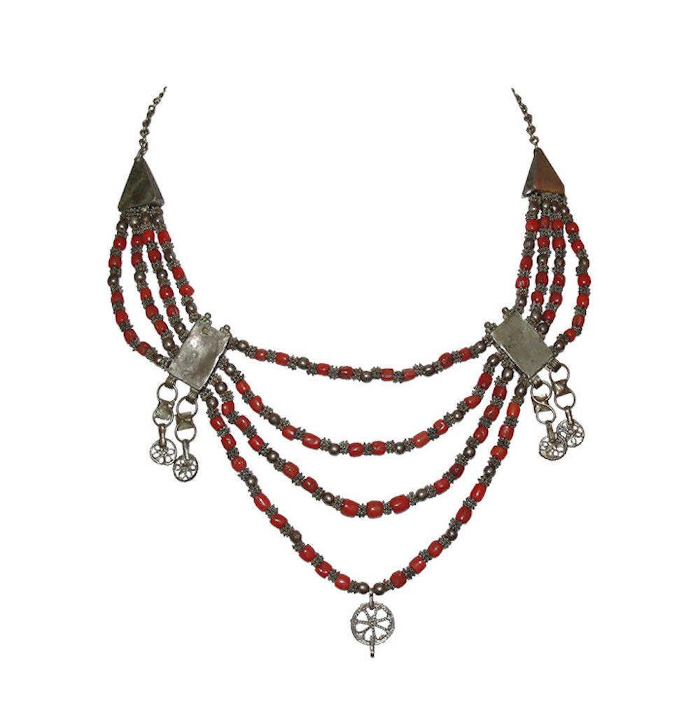 Designer Yemenite Necklace Silver Filigree Mediterranean Red Bead Size ONE SIZE - 7 Thumbnail