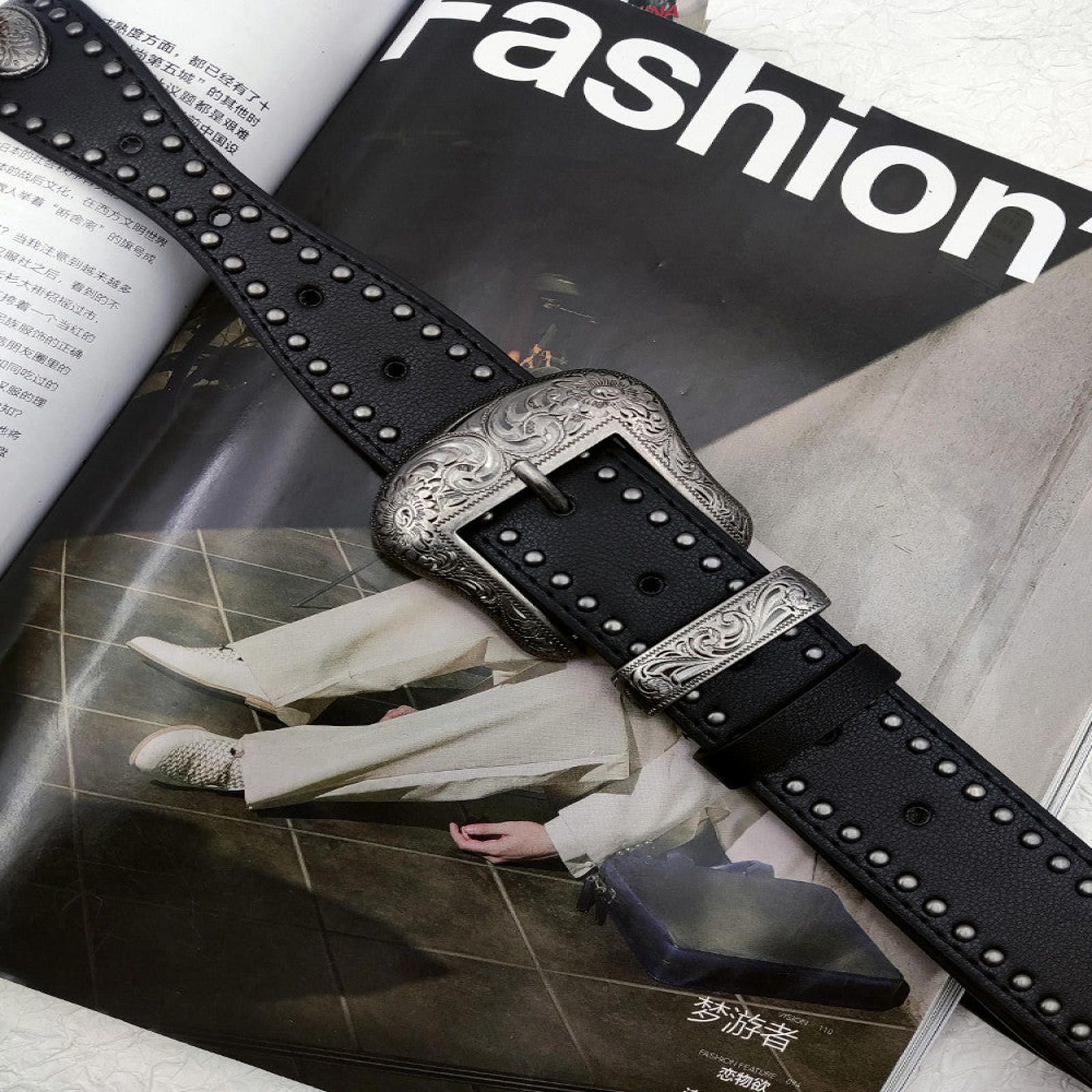 Leather Black Western Belt with Engraved Buckle Size ONE SIZE - 6 Thumbnail
