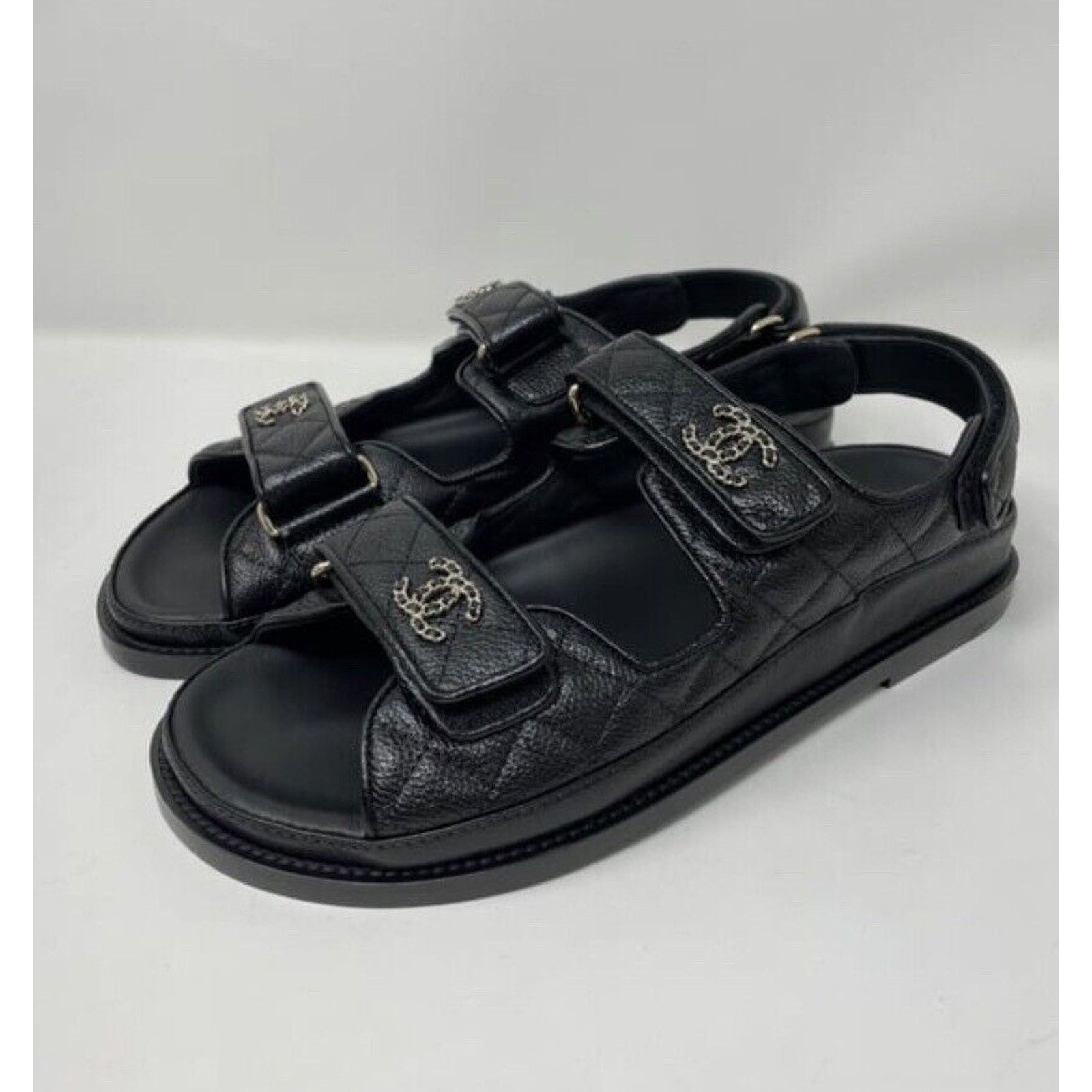 Chanel Black Leather Chain 38.5 EUR CC Quilted Flats Dad Sandals Size US 7.5 / IT 37.5 - 4 Thumbnail