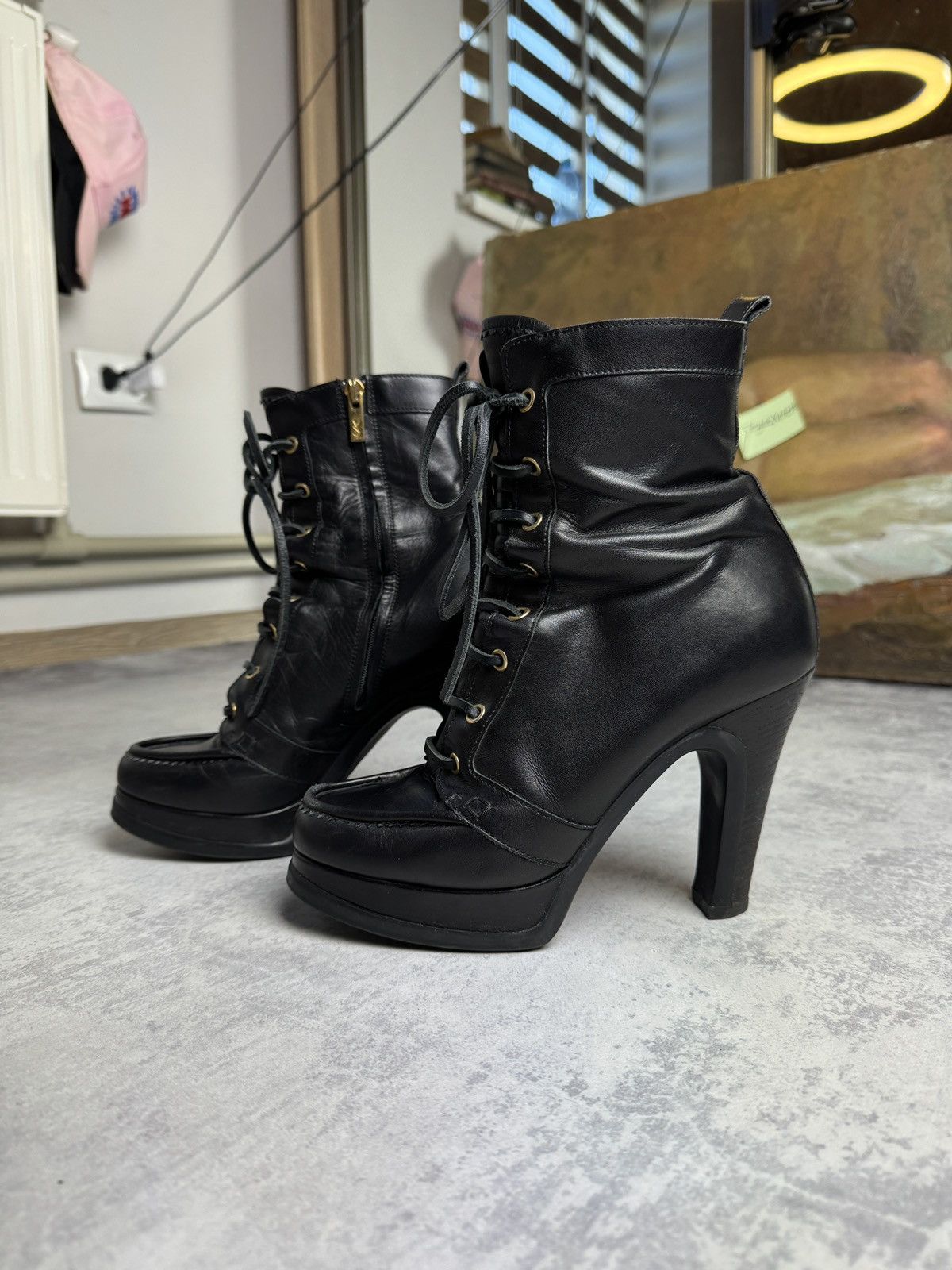 Archival Clothing x Vintage YVES Saint Laurent Y2K Luxury Leather Heel Shoes Ankle Boots in Black, Women's (Size 9)