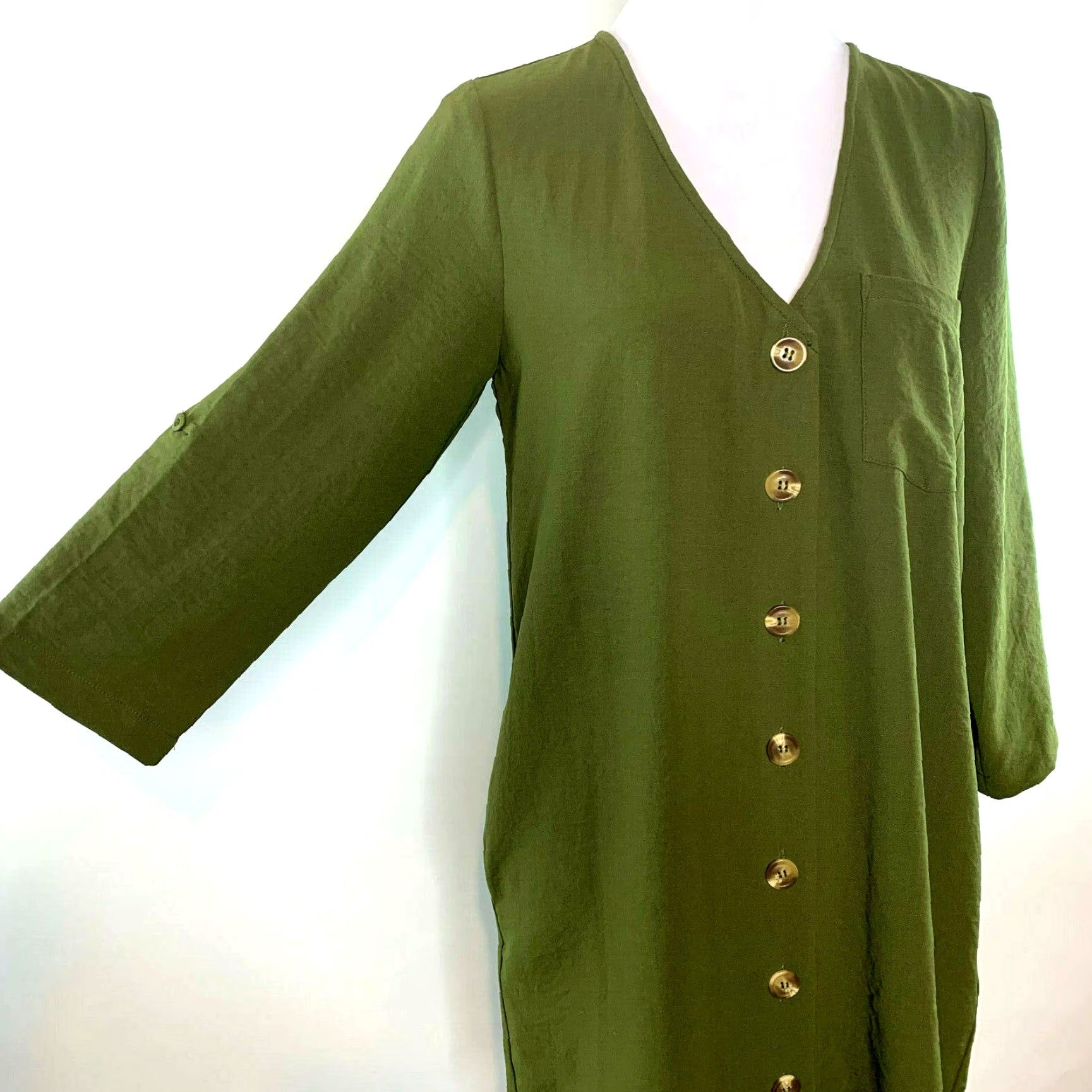 Olive Entro Womens S Tunic Top Button-Up 3/4 Sleeve Olive Green Blouse Dress Size S / US 4 / IT 40 - 2 Thumbnail