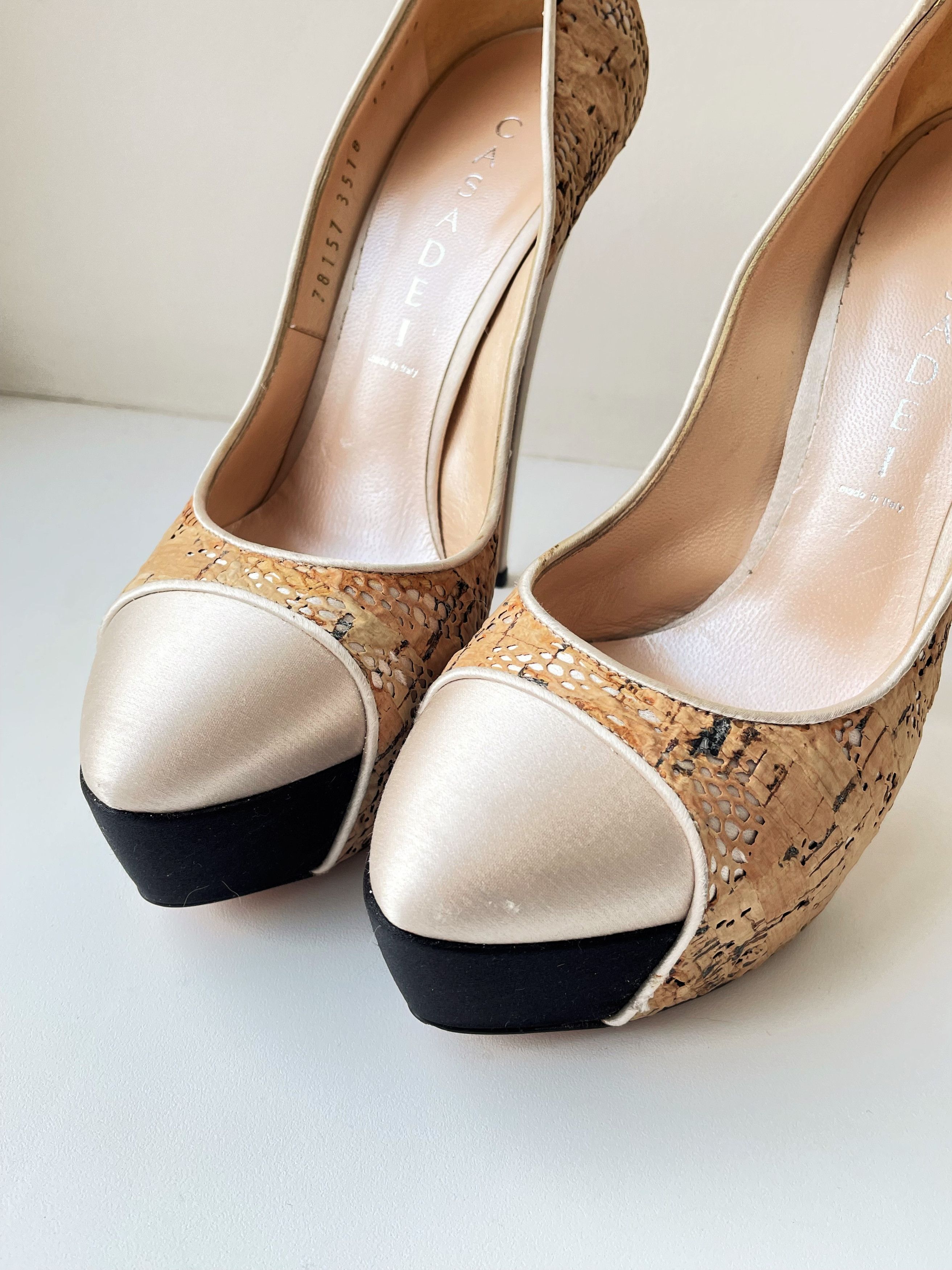 Casadei EUC Casadei 37 Women Stilettos Hidden Platform Satin Cap Toe Size US 7 / IT 37 - 6 Thumbnail