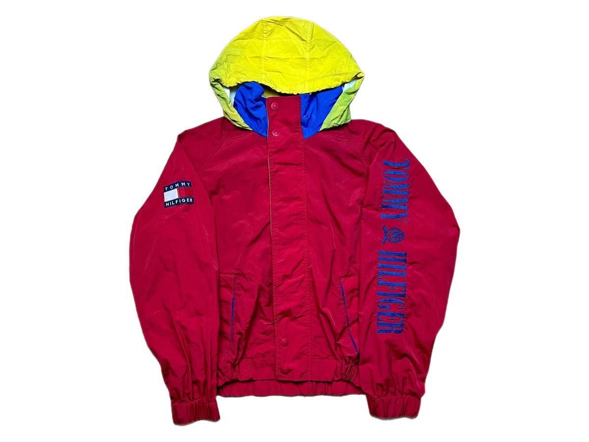 Vintage 90's Tommy Hilfiger sold Red Blue Spellout Hooded Windbreaker Jacket Sz Large