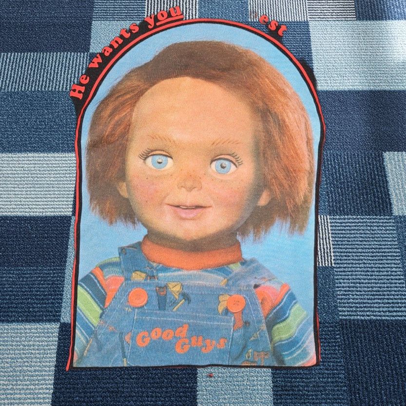 Vintage Chucky Shirt Hoodie Mens XL Black Graphic Print Hooded Kangaroo Pocket Good Guys Halloween 80s Horror Movie Retro Size US XL / EU 56 / 4 - 1 Thumbnail