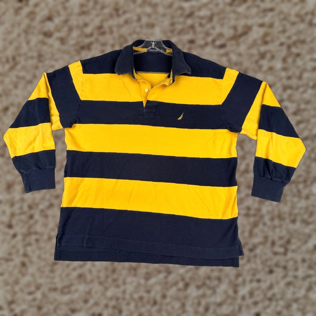 Nautica Nautica Polo Shirt Men XL Yellow Blue Stripe 100% Cotton Long Sleeve Slim Fit Shirt Sports Casual Outdoor Size US XL / EU 56 / 4 - 1 Thumbnail