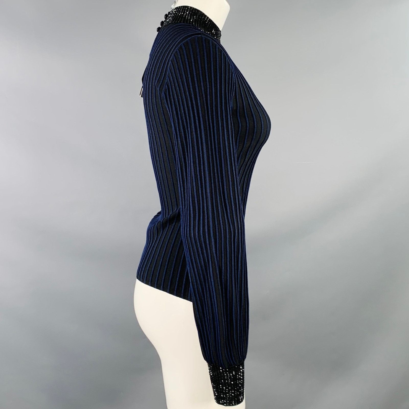 Emporio Armani Size S Black Navy Viscose Blend Stripe Mock Neck Dress Top Size S / US 4 / IT 40 - 3 Thumbnail