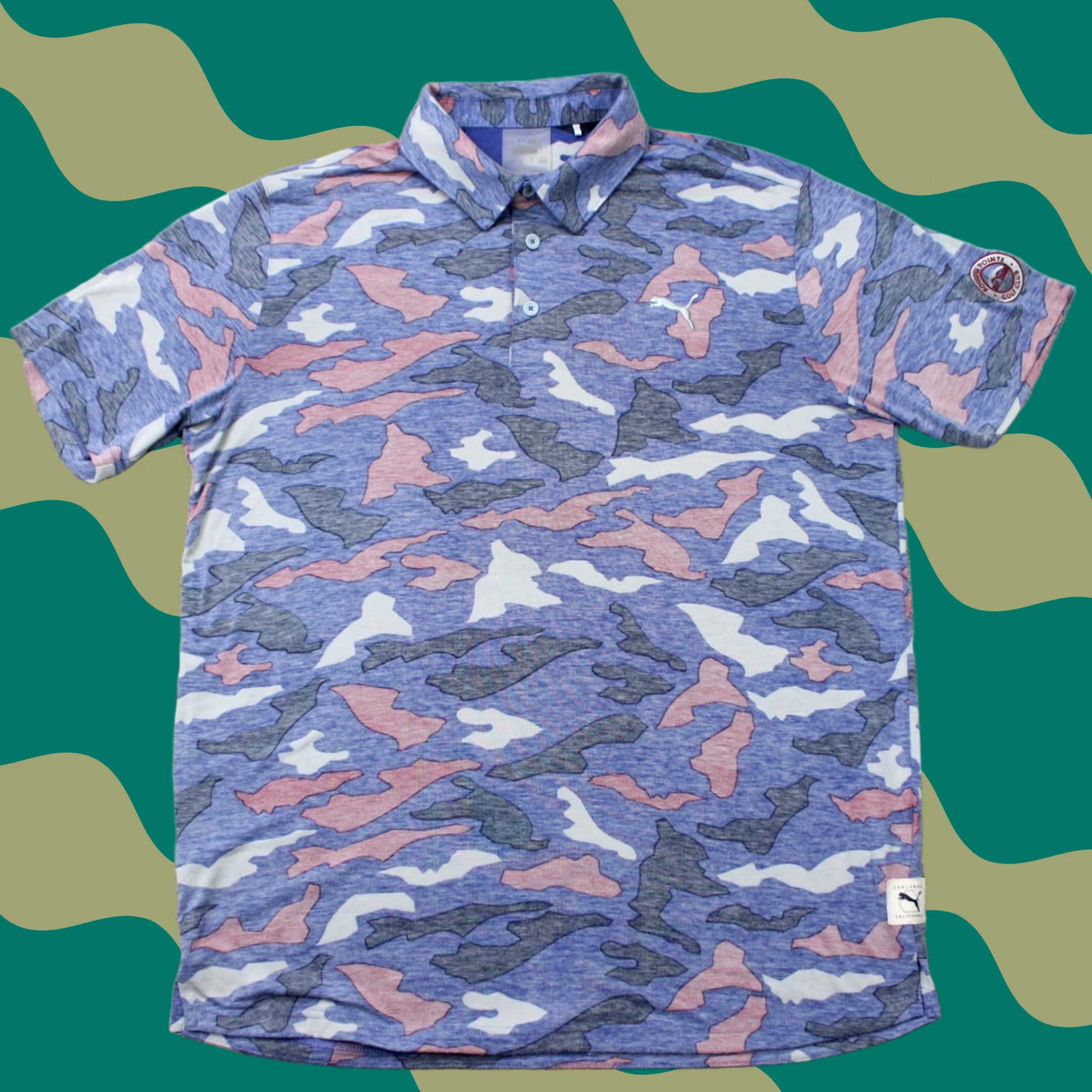 Puma PUMA Polo Shirt Mens Medium Blue Pink Camo Reverse Print Golf S/S Pullover Size US XL / EU 56 / 4 - 1 Thumbnail