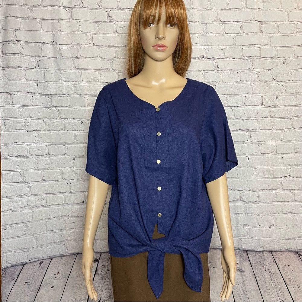 Anne Klein NWT New $79 Anne Klein Linen Short Sleeve Front Tie Blue To Size M / US 6-8 / IT 42-44 - 1 Thumbnail