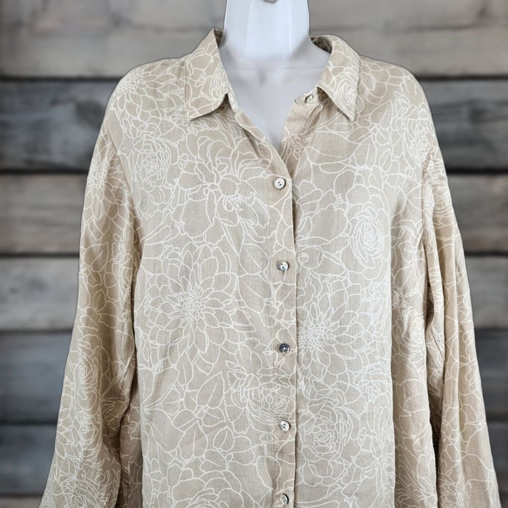 J. Jill J. Jill Love Linen Button-Up Top XL Tall Womens Long Sleeve Floral Tan White Shirt Woman Medical? Size XL / US 12-14 / IT 48-50 - 1 Thumbnail