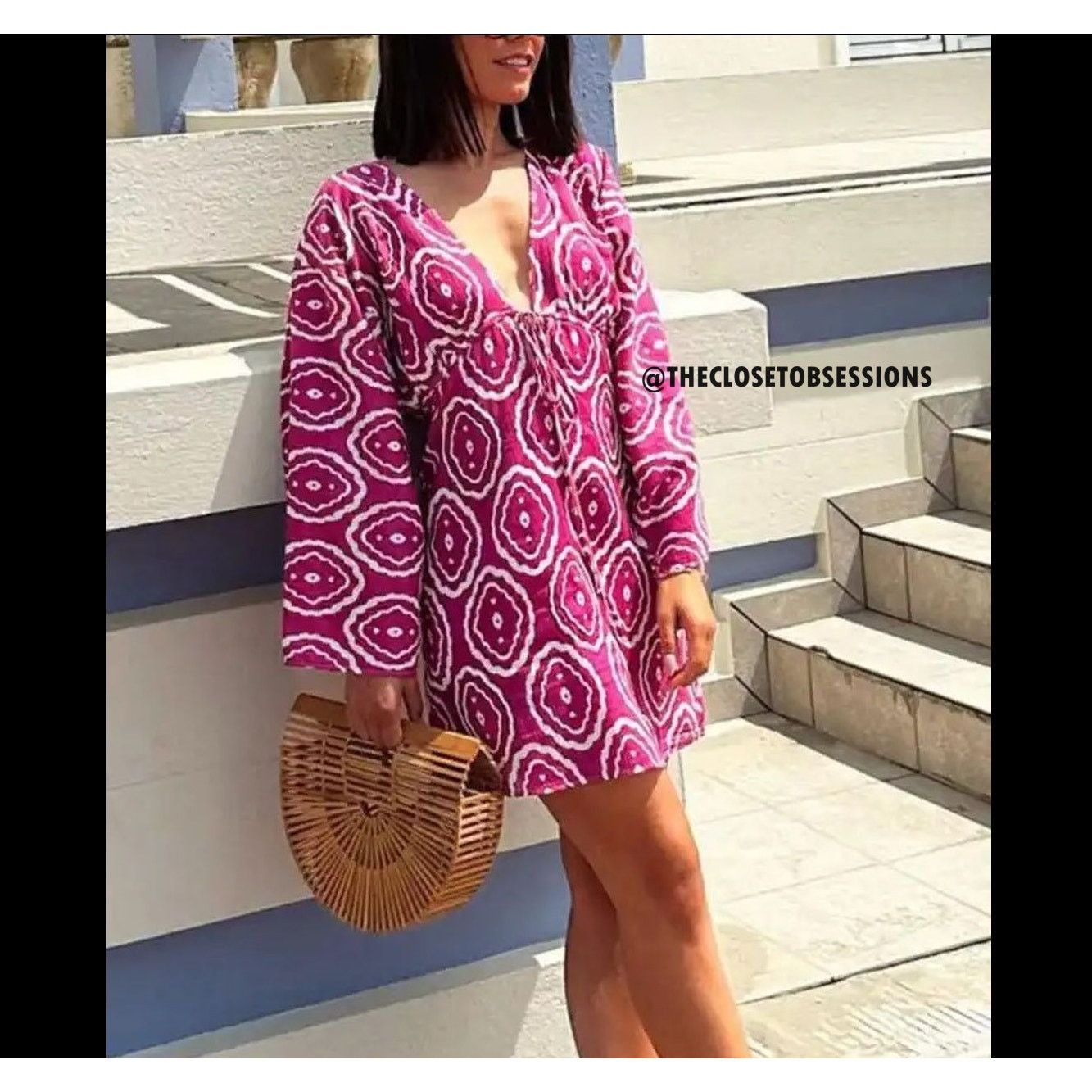 Zara ZARA Fuchsia Printed V Neck Mini Dress NWT Size S / US 4 / IT 40 - 14 Thumbnail