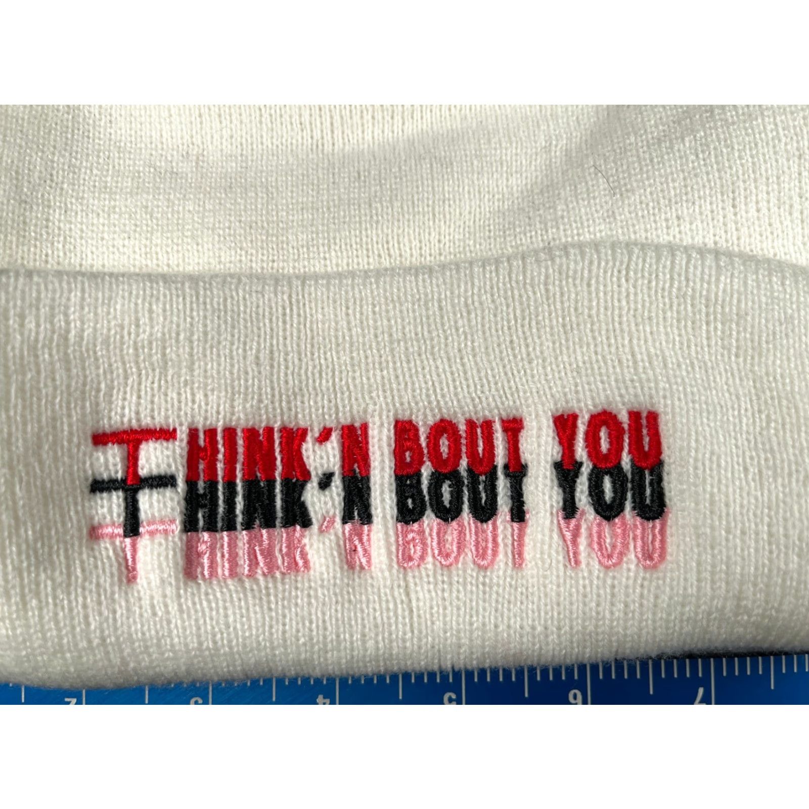 Vintage Think'n Bout You Beanie Toque Adult One Size White Knit Embroidered 100% Acrylic Size ONE SIZE - 2 Thumbnail