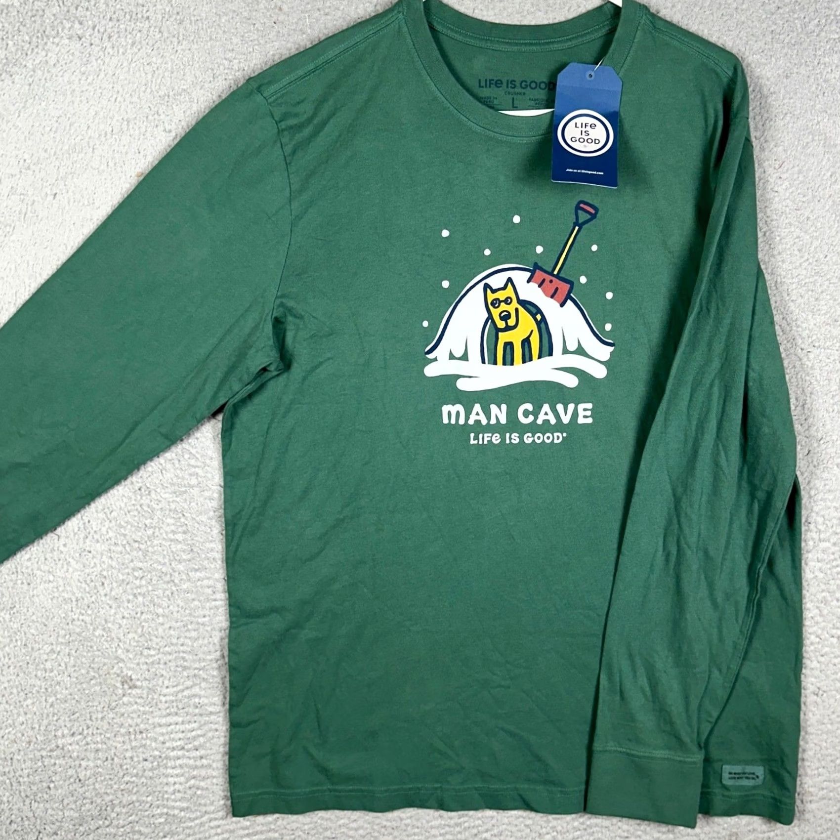 Life is Good Life is Good Crusher T-Shirt Mens Large Green Man Cave Dog Long Sleeve Crew Neck Graphic Print, Regular, Cotton, 100%, Machine Washable Size US L / EU 52-54 / 3 - 2 Thumbnail