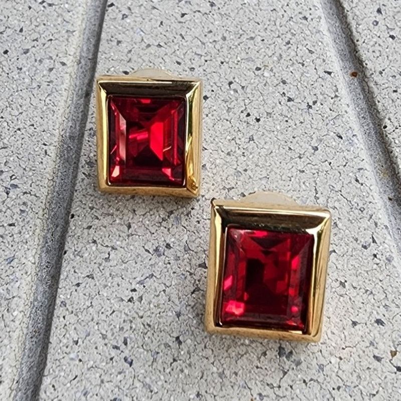 Swarovski SAL Swarovski Red Crystal Gold Plated Rectangle Earrings Size ONE SIZE - 1 Thumbnail