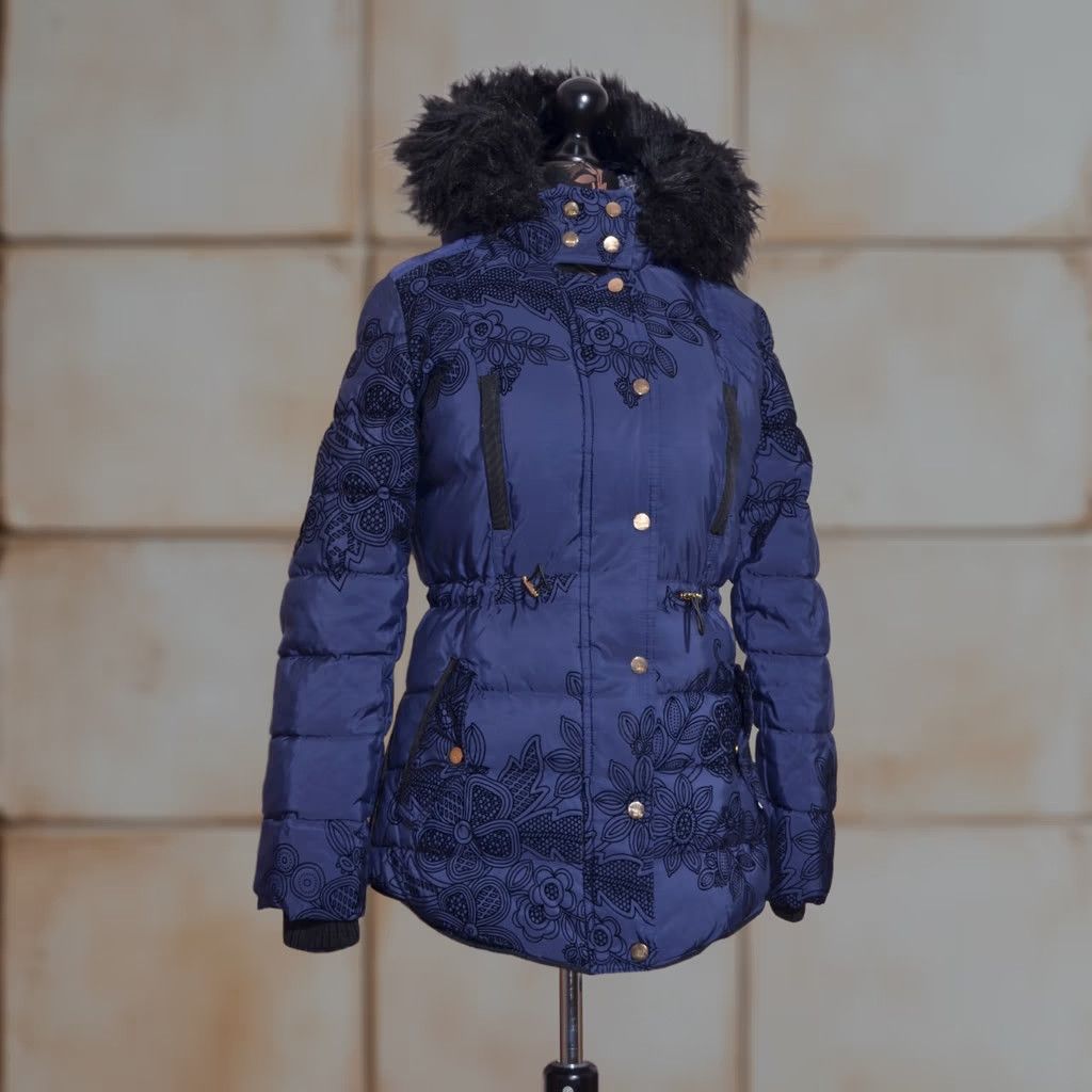 Desigual Desigual Women Blue Floral Puffer Jacket Faux Fur Hood Winter Coat Size 36 Size XS / US 0-2 / IT 36-38 - 1 Thumbnail