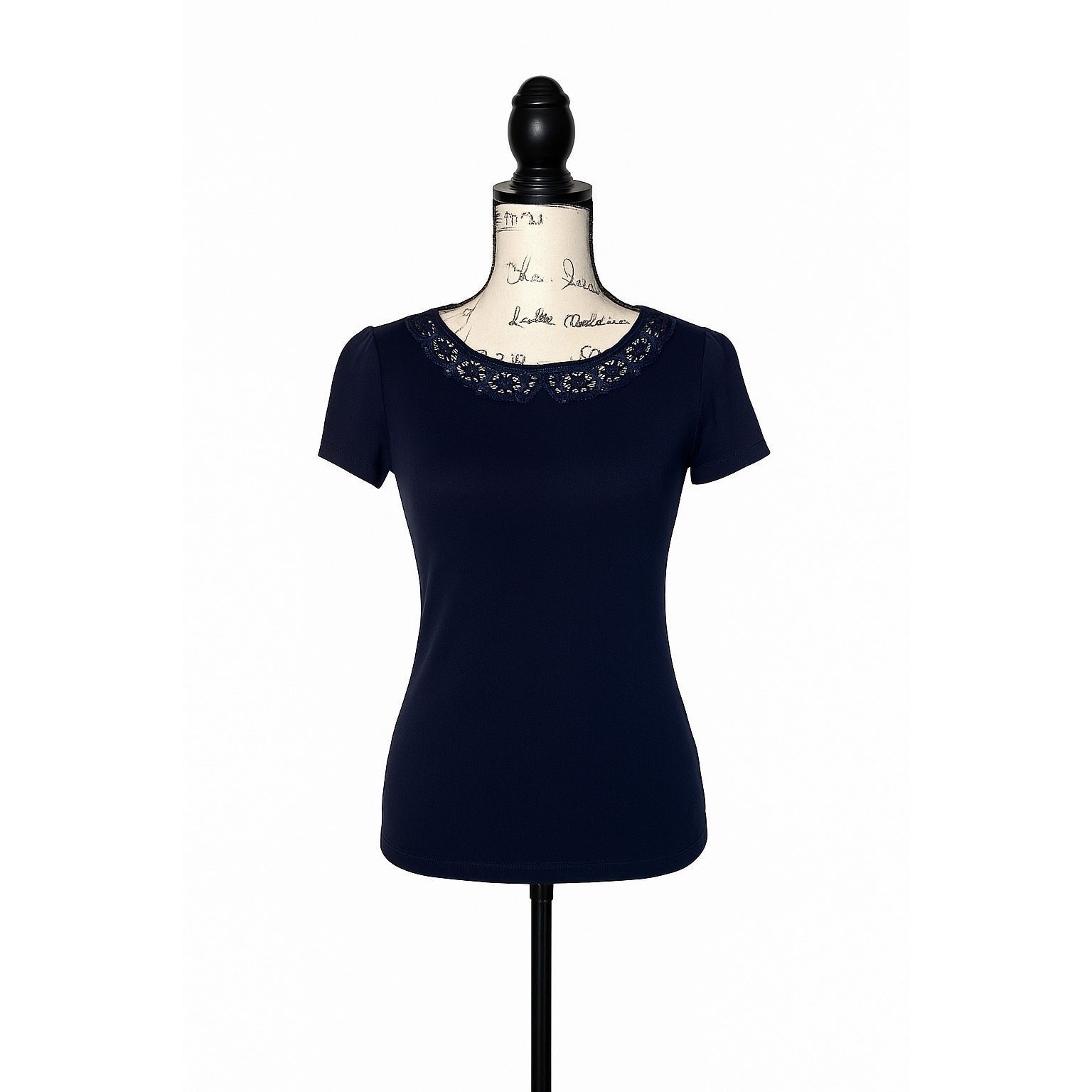 Marcs Marc’s Navy Blue Lace Neckline Top | Short Sleeve Viscose Te Size S / US 4 / IT 40 - 1 Thumbnail
