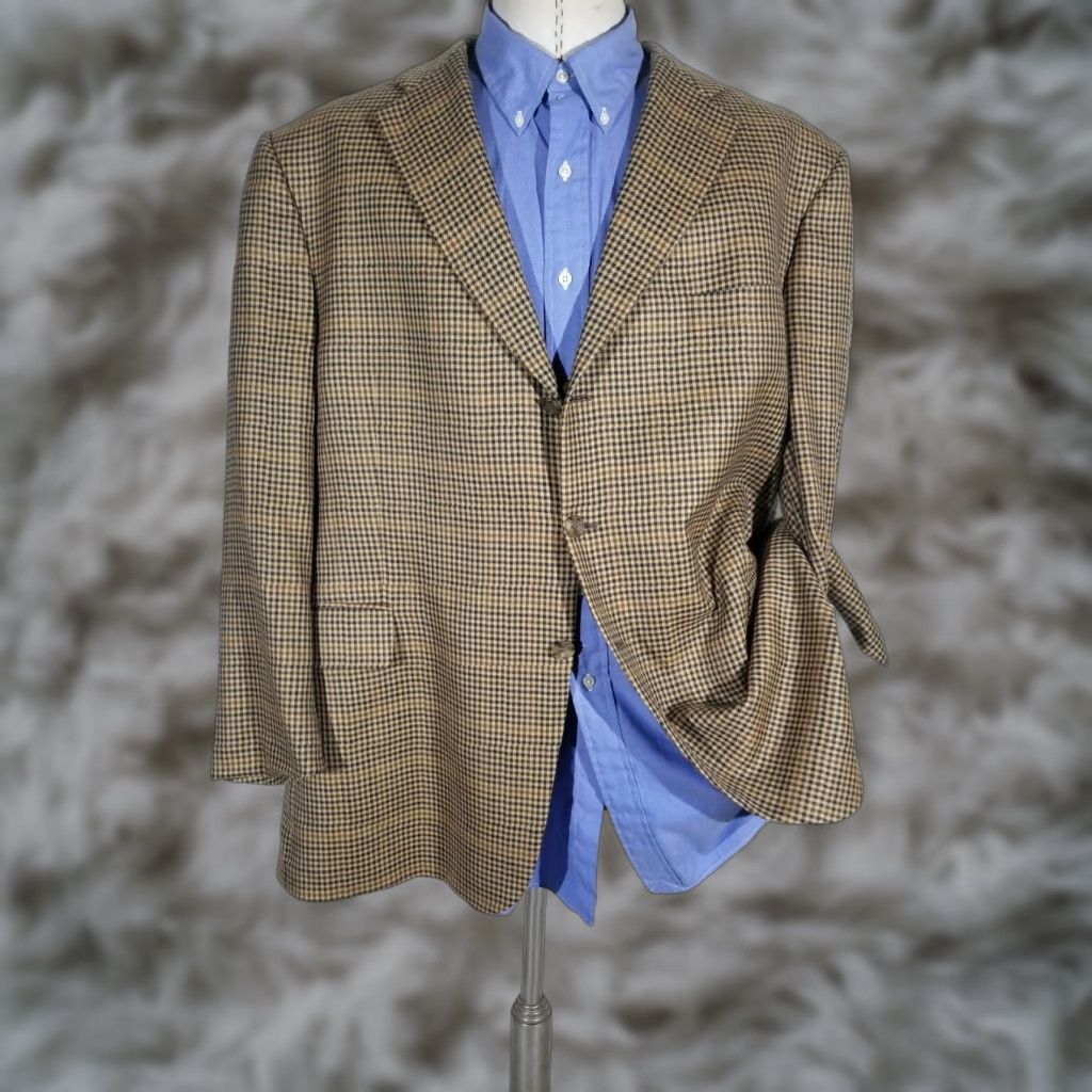 VINTAGE Nordstrom LORO PIANA CASHMERE check Tweed Blazer Jacket Sport Coat Orange Mens 48R Regular Single-Breasted Three-Button Notch Lapel UV?