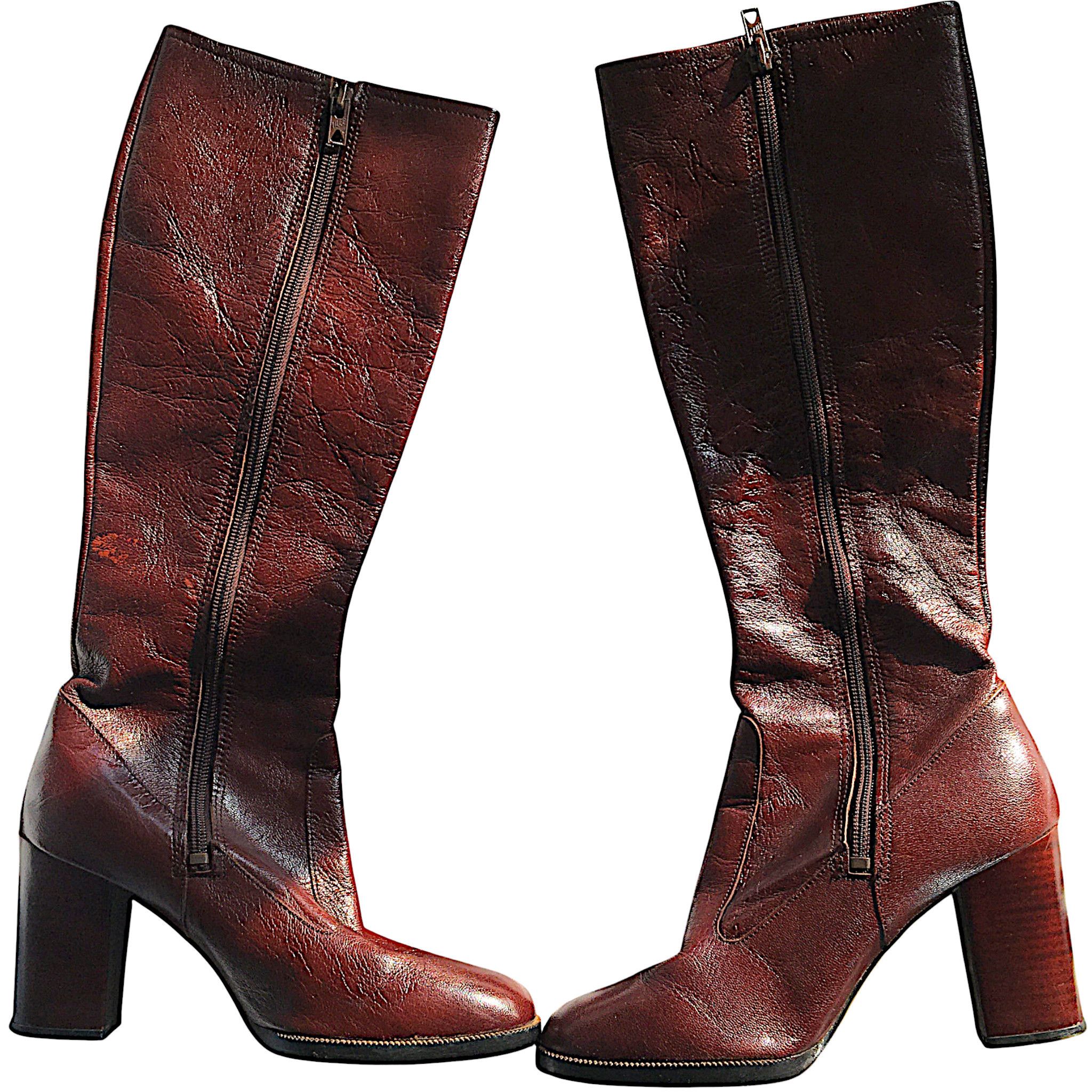 Vintage Burgundy Leather Boots - High Block Heel - France 70s Size US 6 / IT 36 - 2 Thumbnail