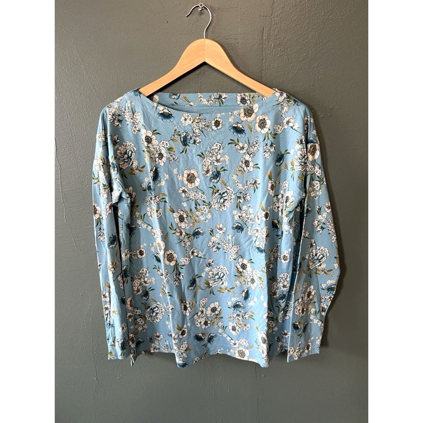 J. Jill J. Jill Womens Blue Floral Pattern Long Sleeve Boat Neck T-Shirt Size S Girls? Size S / US 4 / IT 40 - 2 Thumbnail