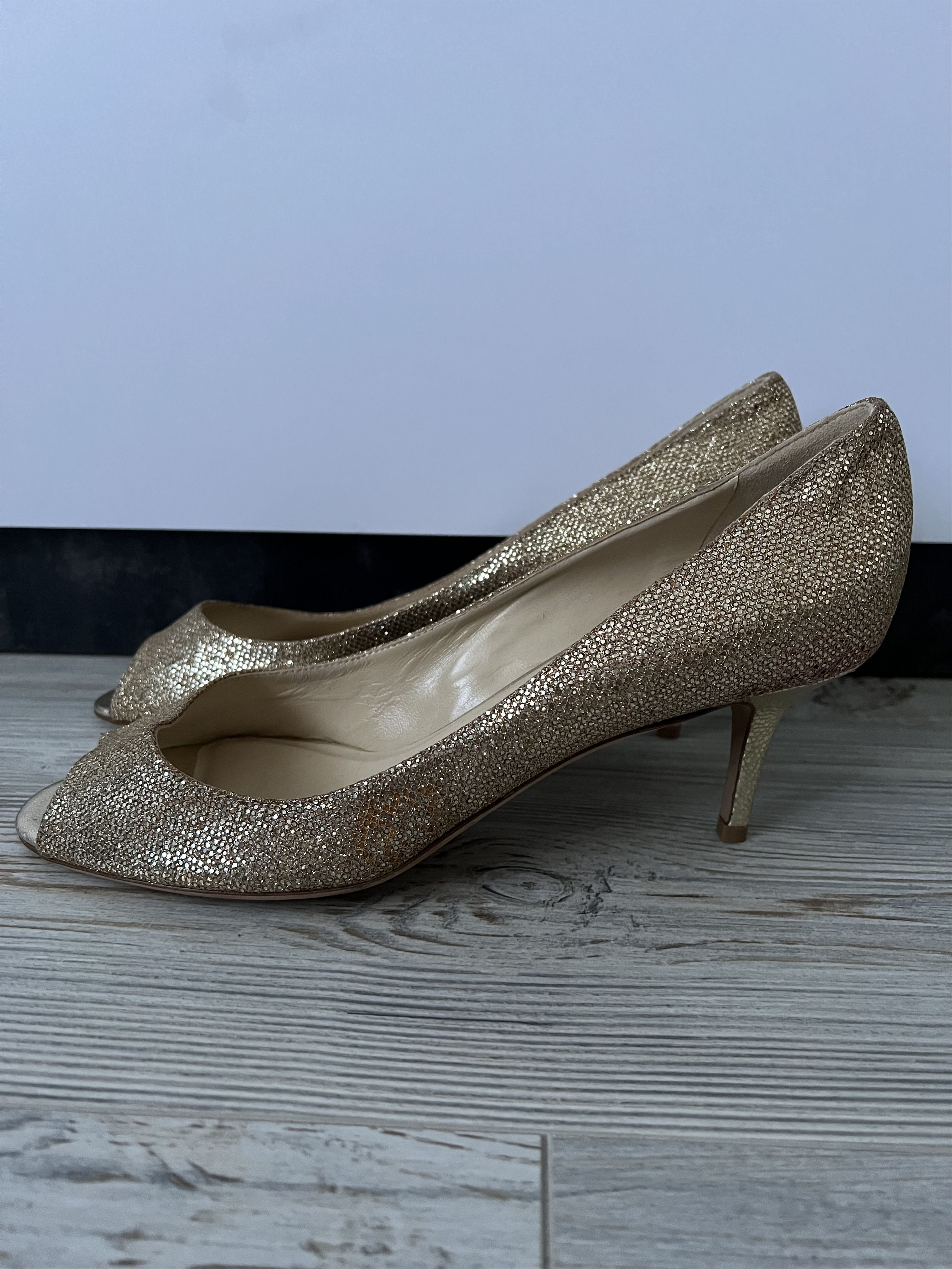 Jimmy Choo Jimmy Choo Gold Glitter Peep Toe Leather Heels Size 40 Size US 10 / IT 40 - 3 Thumbnail