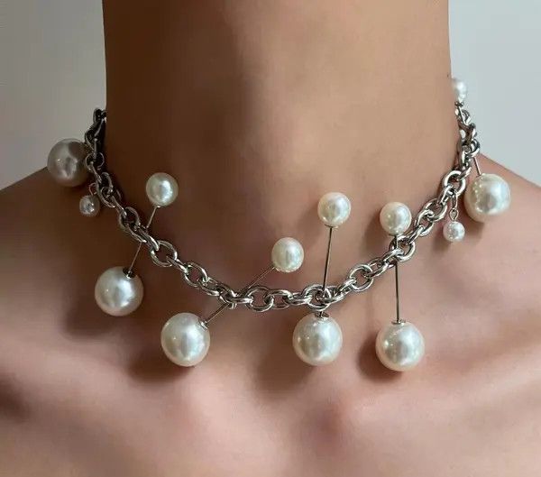 Jewelry Silver Chain Pearl Accent Choker Necklace, Statement Jewelry Size ONE SIZE - 4 Thumbnail