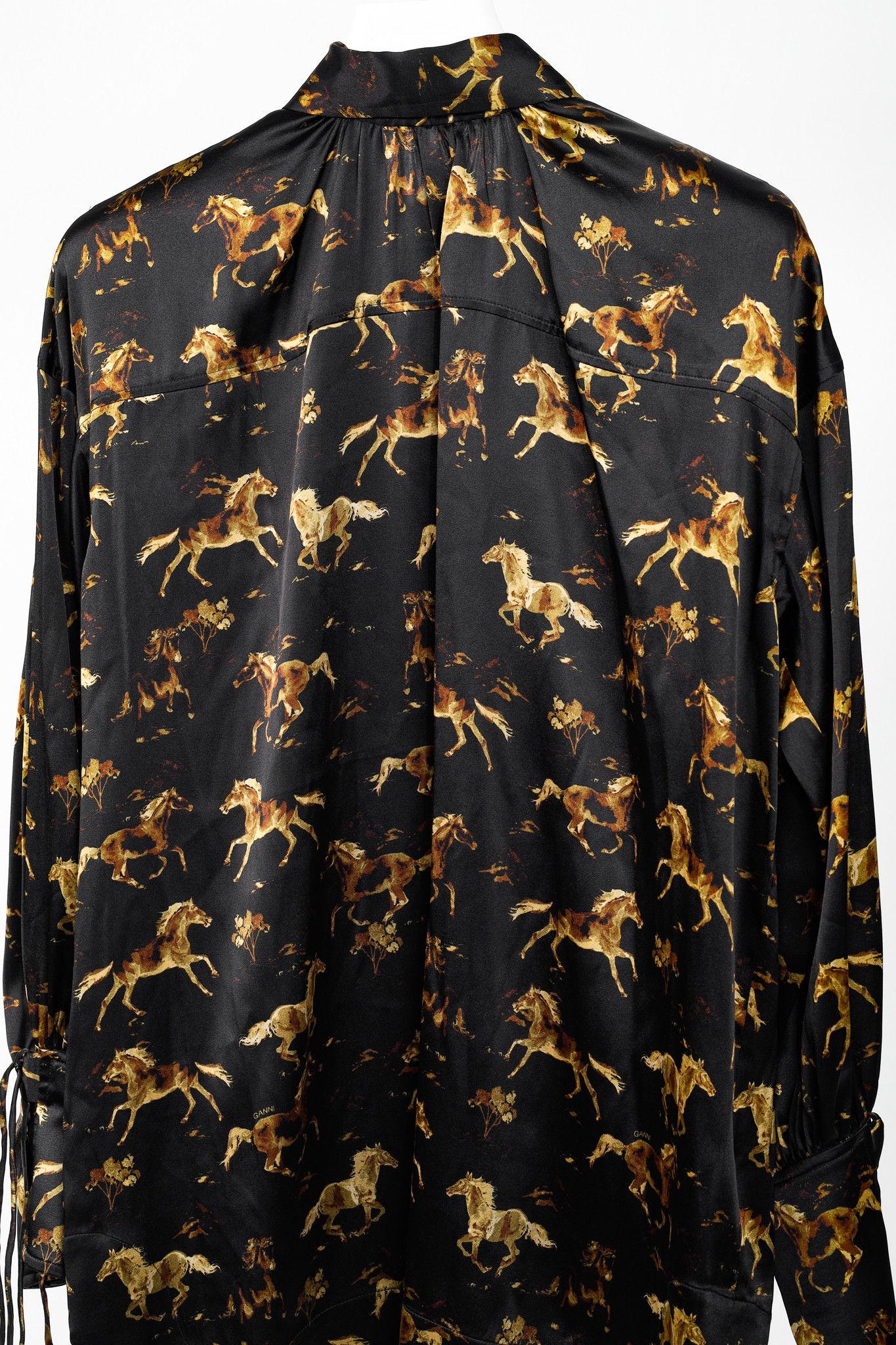 Ganni Ganni Black Silk Satin Horse-Print Tie-Neck Blouse Size XS / US 0-2 / IT 36-38 - 3 Thumbnail