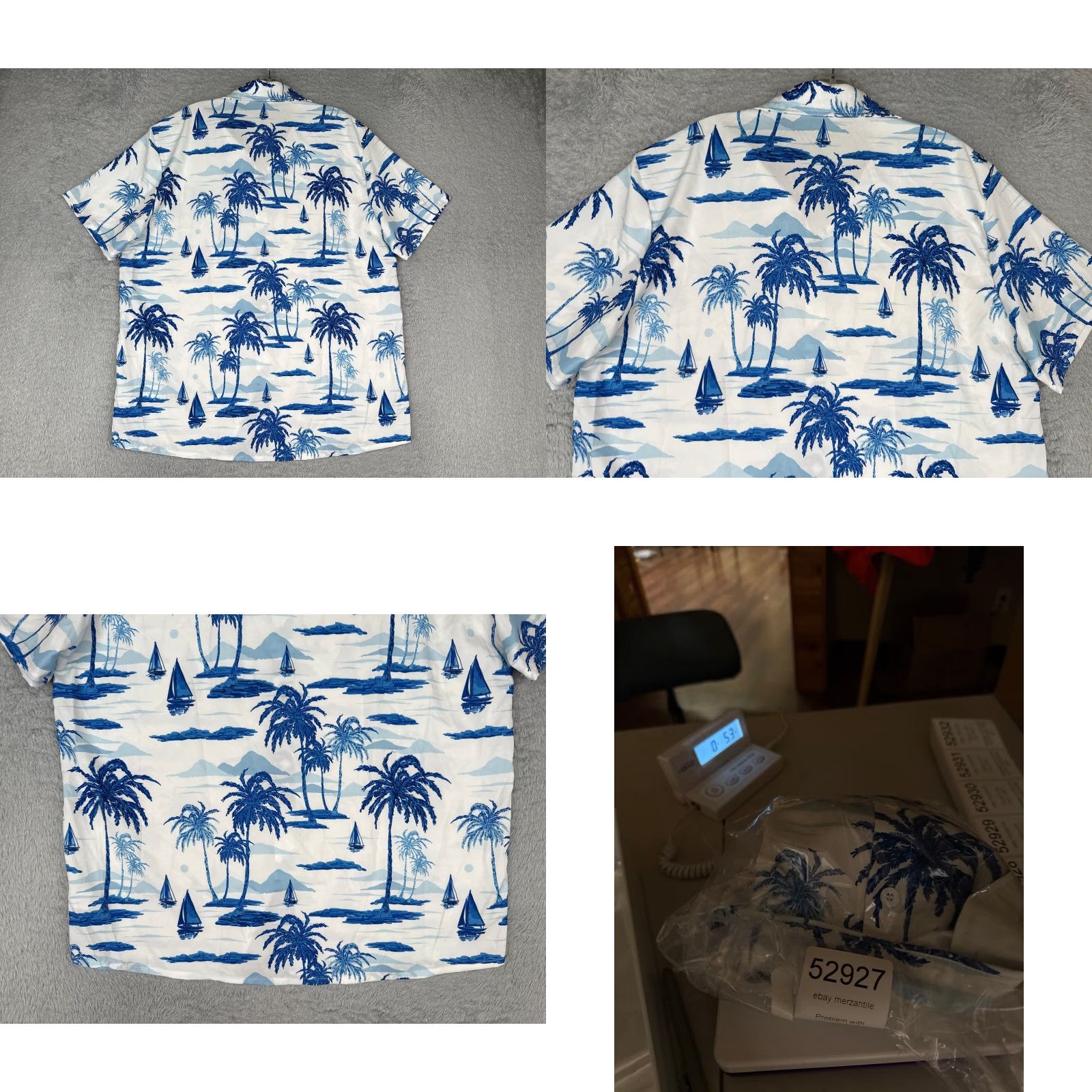 Vintage Hawaiian Shirt Men Large White Blue Floral Sailboat Palm Tree Polyester Blend Mens Size US L / EU 52-54 / 3 - 9 Thumbnail