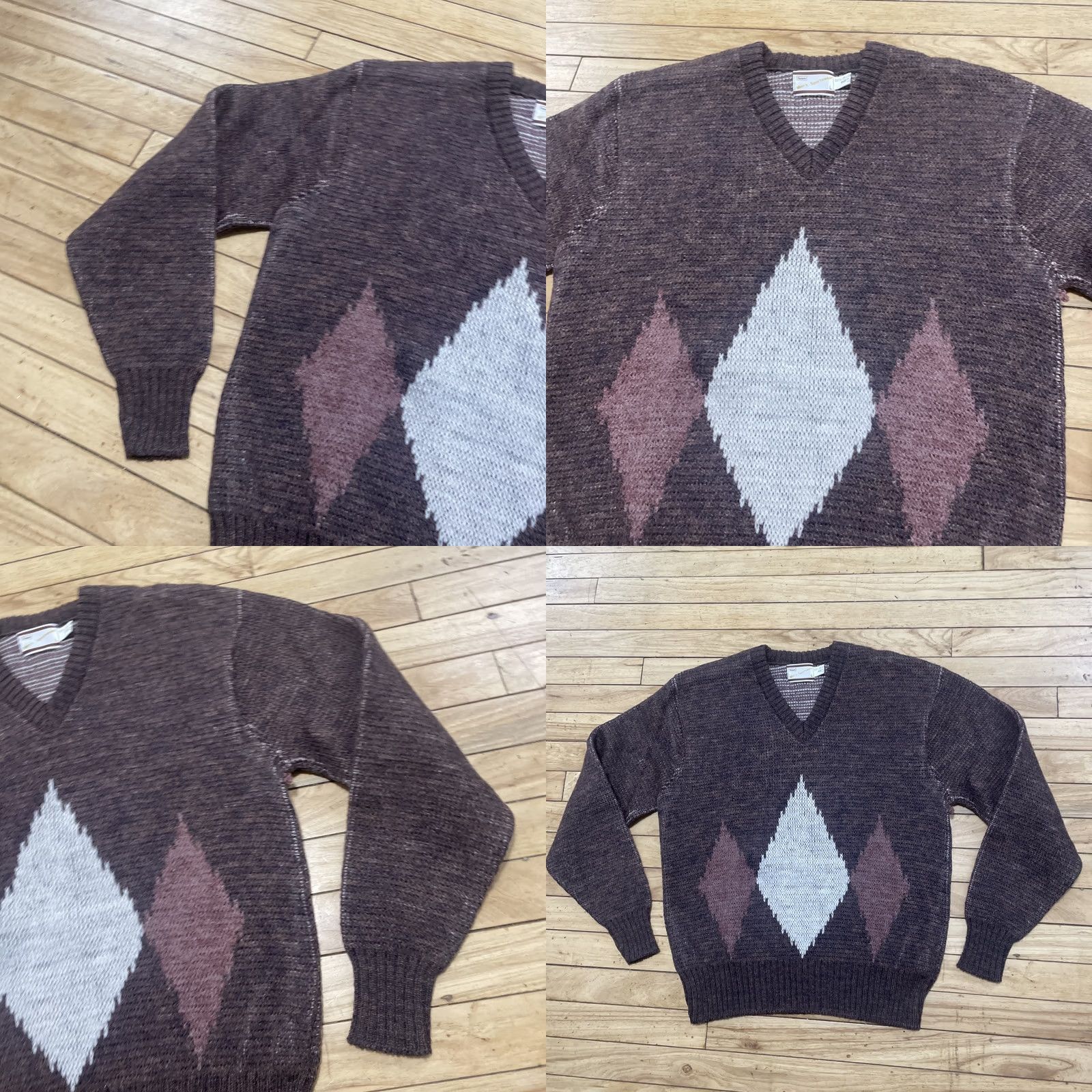 Sears VINTAGE Sears Men's Sportswear Wool Crop Vneck Argyle Sweater L Brown Orlon Acryllic Knit Pullover Geometric Pattern Mens Size US L / EU 52-54 / 3 - 10 Thumbnail