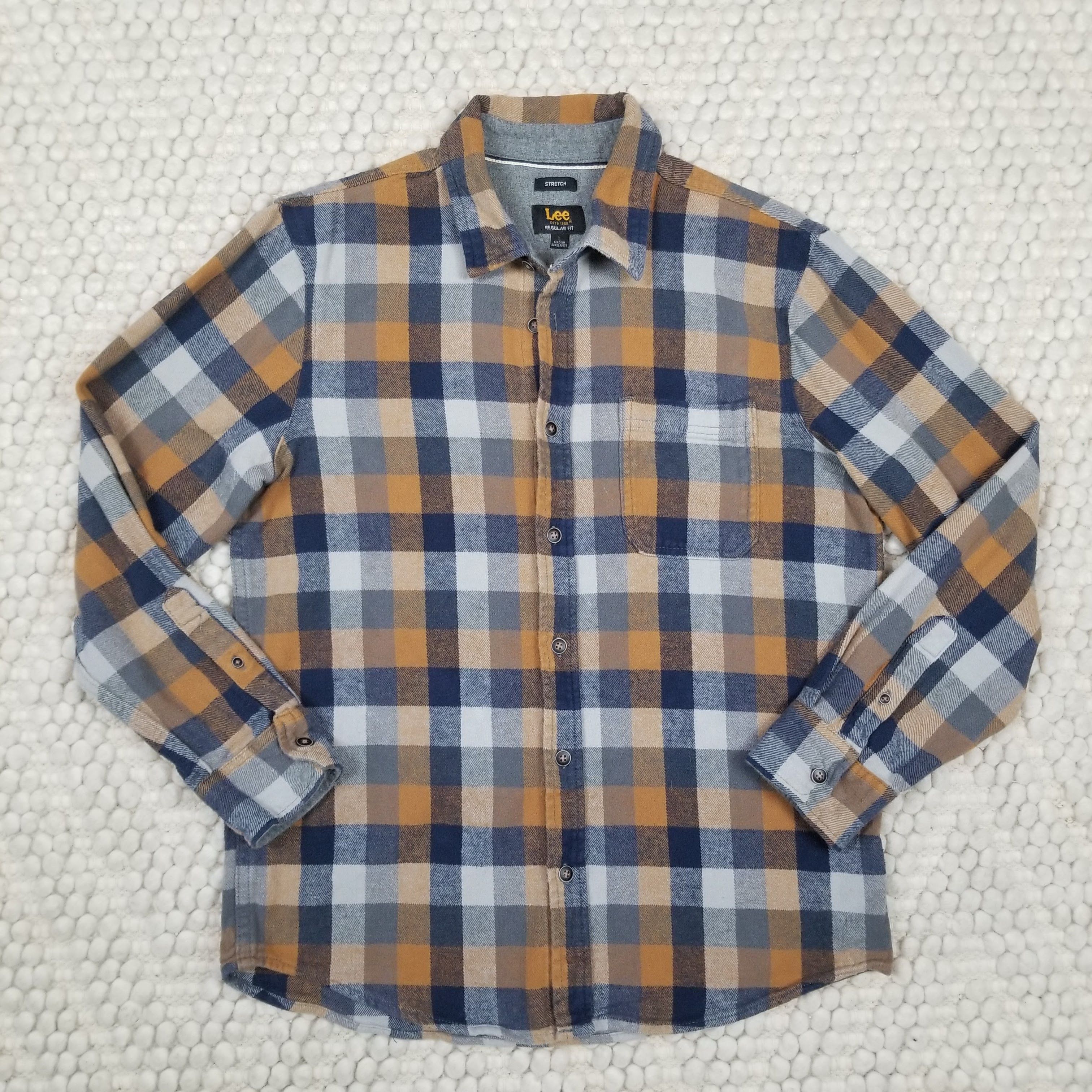 Lee Stretch Flannel Plaid Shirt Camel Tan Gray Size US L / EU 52-54 / 3 - 5 Thumbnail