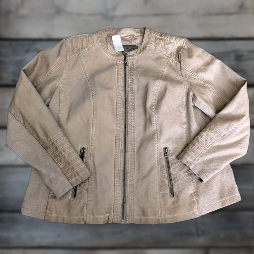 Vintage Maurices NWT Womens Size 2 Faux Leather Moto Jacket Coat Zipper Ribbed Knit Sides Short Length Long Sleeve Motorcycle Jacket Modern Punk Beiges Size XS / US 0-2 / IT 36-38 - 1 Thumbnail