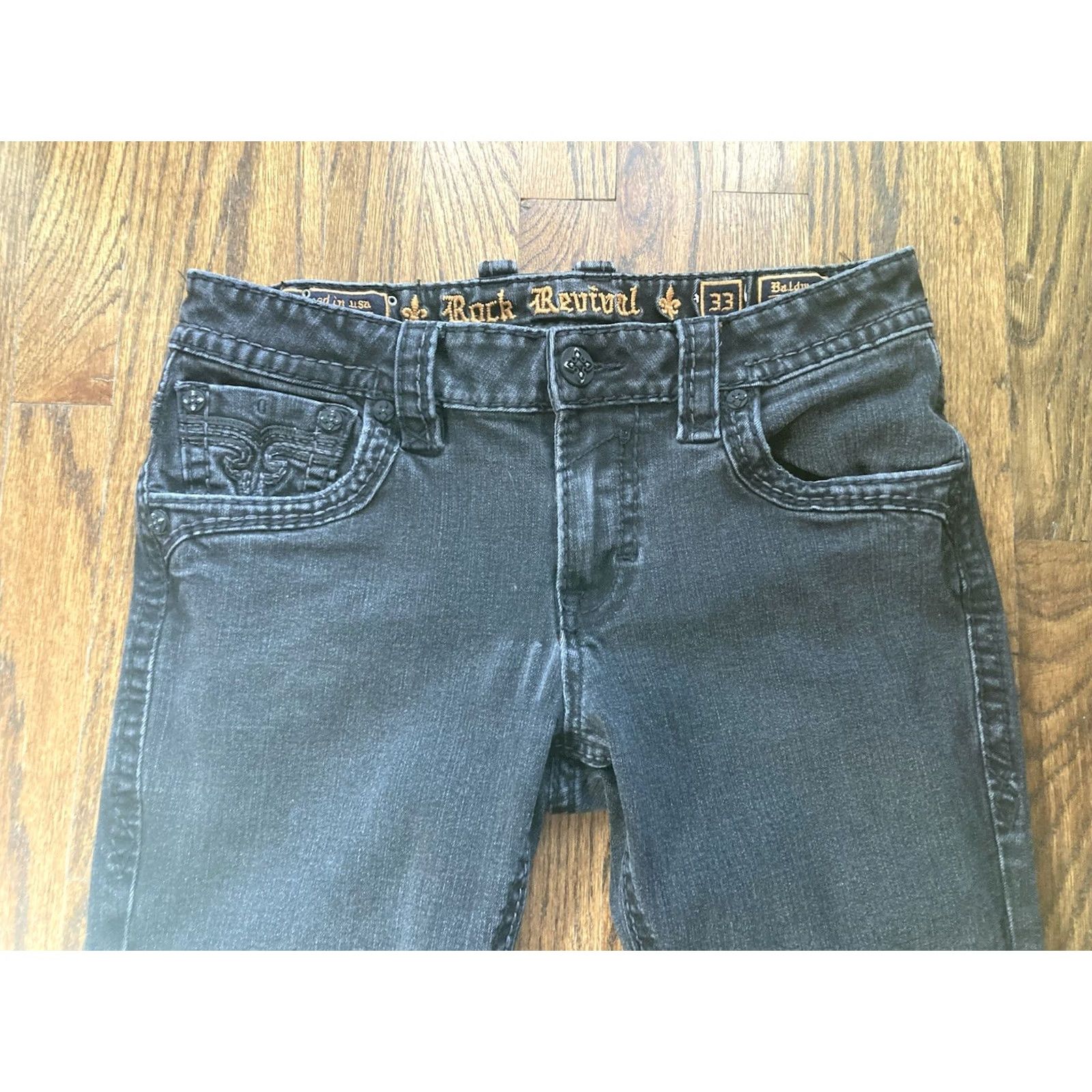 Vintage Rock Revival Jeans Slim Straight 33x27 Black Flap Pockets Mens Regular Size 33 Inseam 27 China Size US 33 - 3 Thumbnail