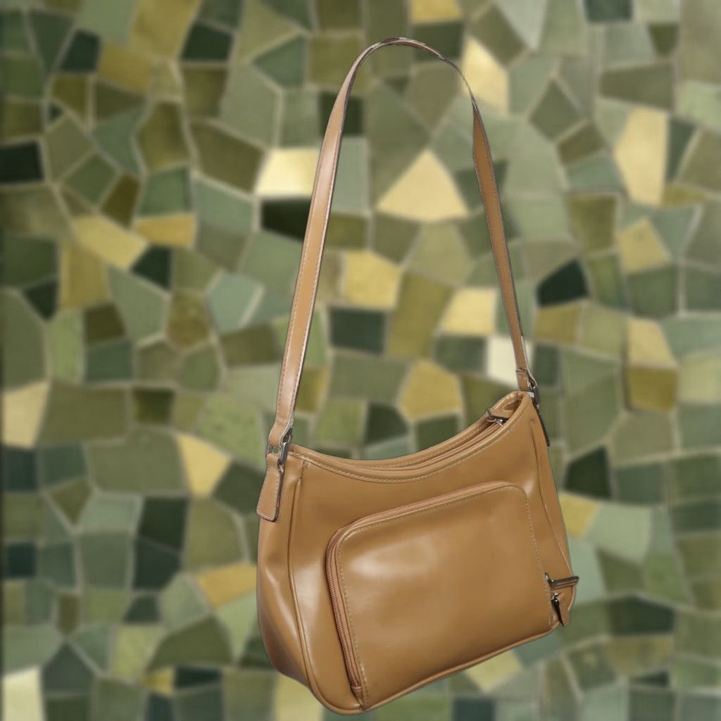 Liz Claiborne VINTAGE Liz Claiborne Crazy Horse tan faux leather Shoulder Bag Purse Small Women zipper 11" length 7" height 3" width Size ONE SIZE - 1 Thumbnail