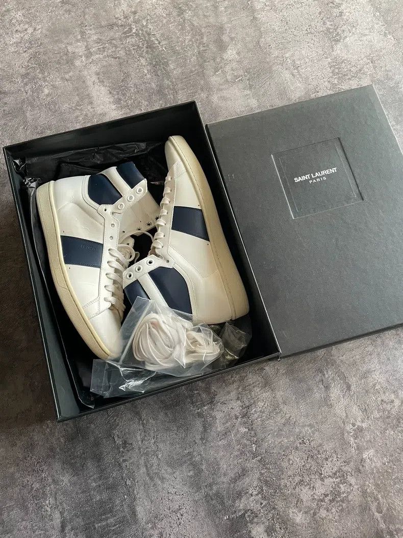Saint Laurent Paris Saint Laurent Paris High Top Blue and White Patchwork Snea Size US 7 / EU 40 - 8 Thumbnail
