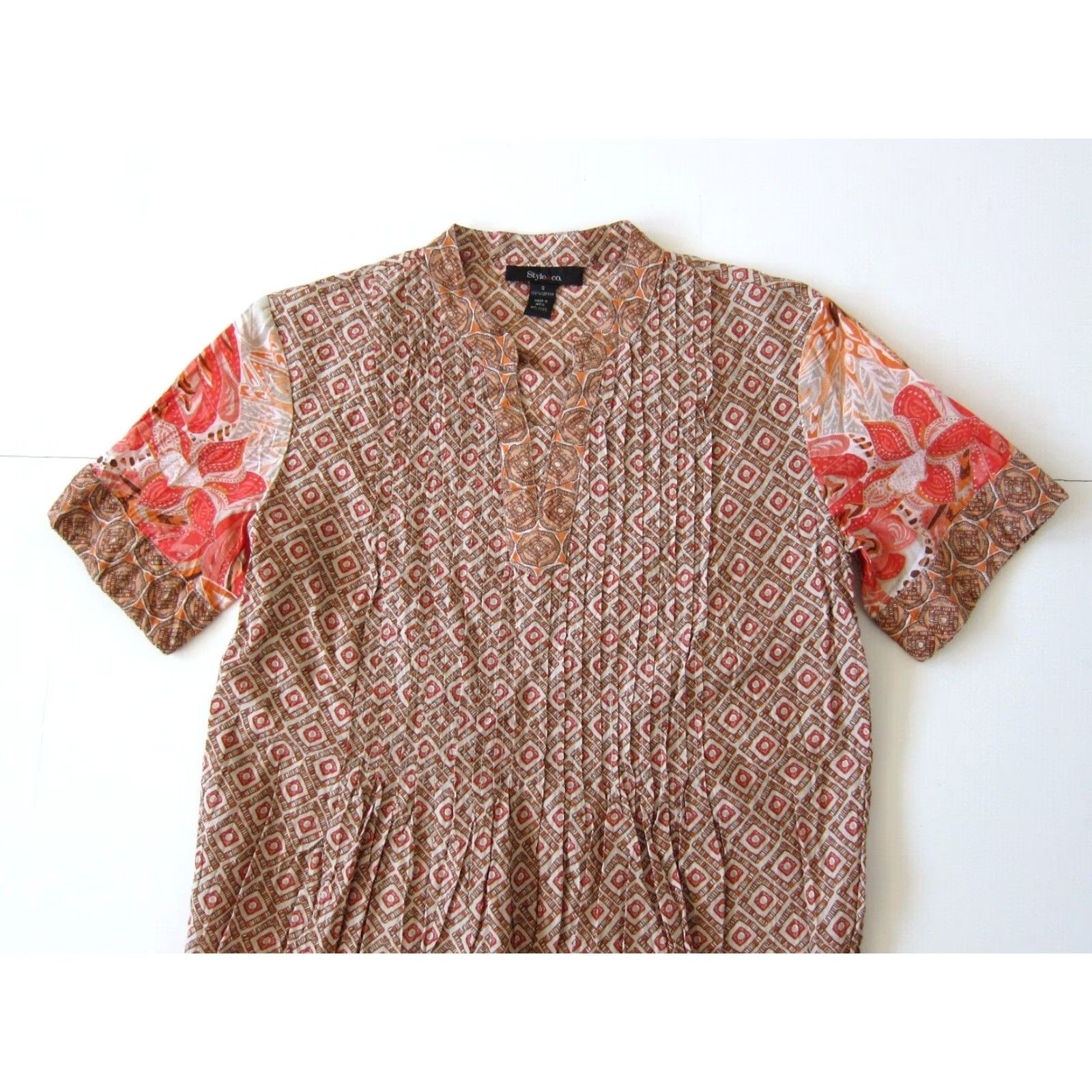 Vintage Style & Co. Cotton Pink Orange Brown V-Neck Short Sleeve Peasant Blouse Small Size S / US 4 / IT 40 - 7 Thumbnail